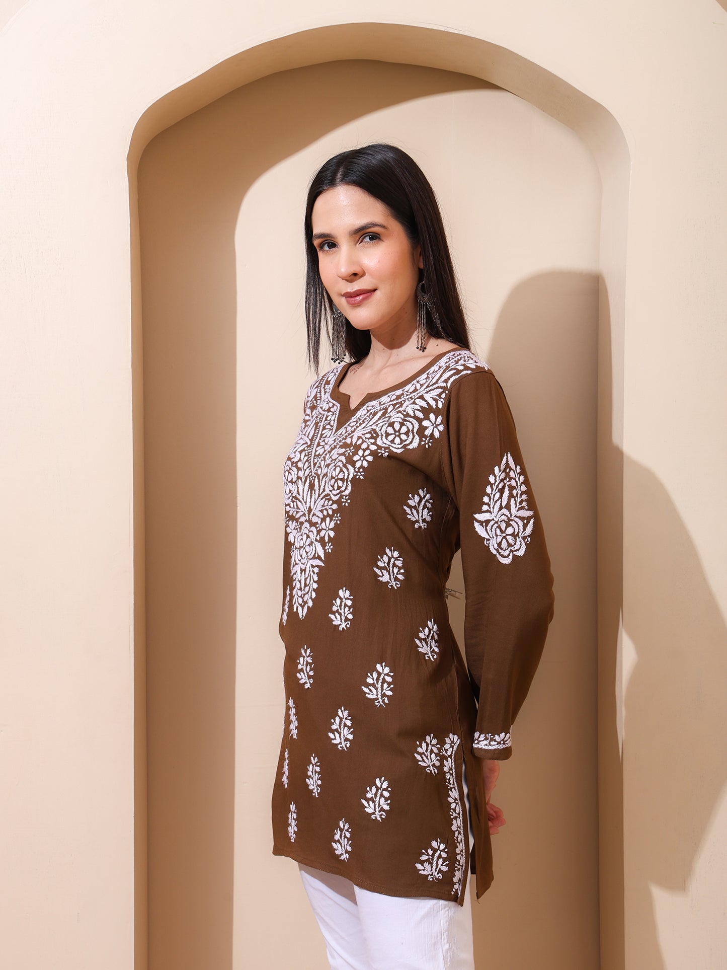 Nazaira Women’s Rayon Lucknow Chikankari Short Kurta | Handmade Hand Embroidered Luckhnawi Kurti for Women | Ethnic Wear Tunic Top for Daily, Casual Brown
