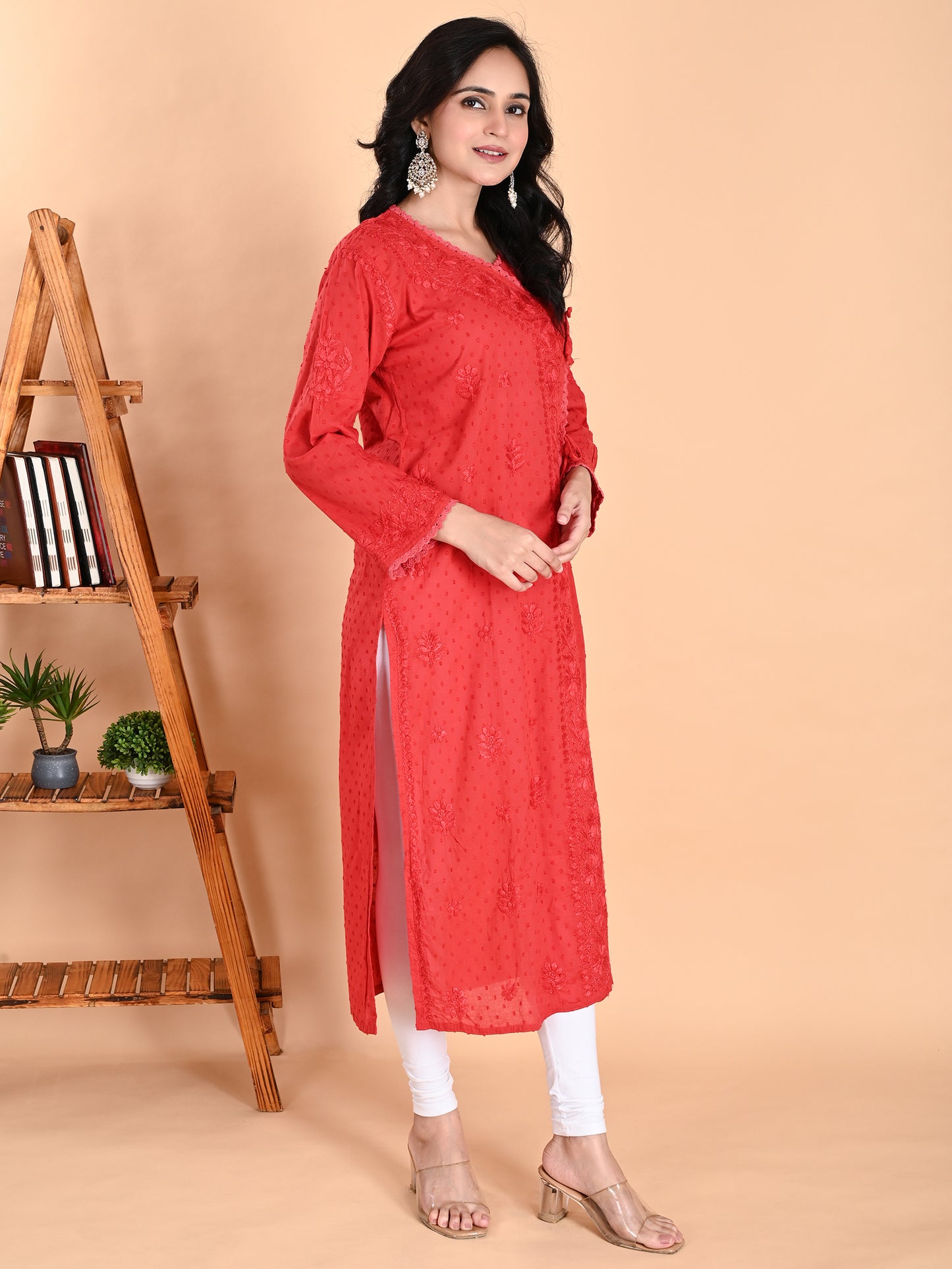 Red Cotton Lucknowi Chikankari Angarkha Kurta for Women with Hand Embroidery – Long Ethnic Daily Wear Kurti