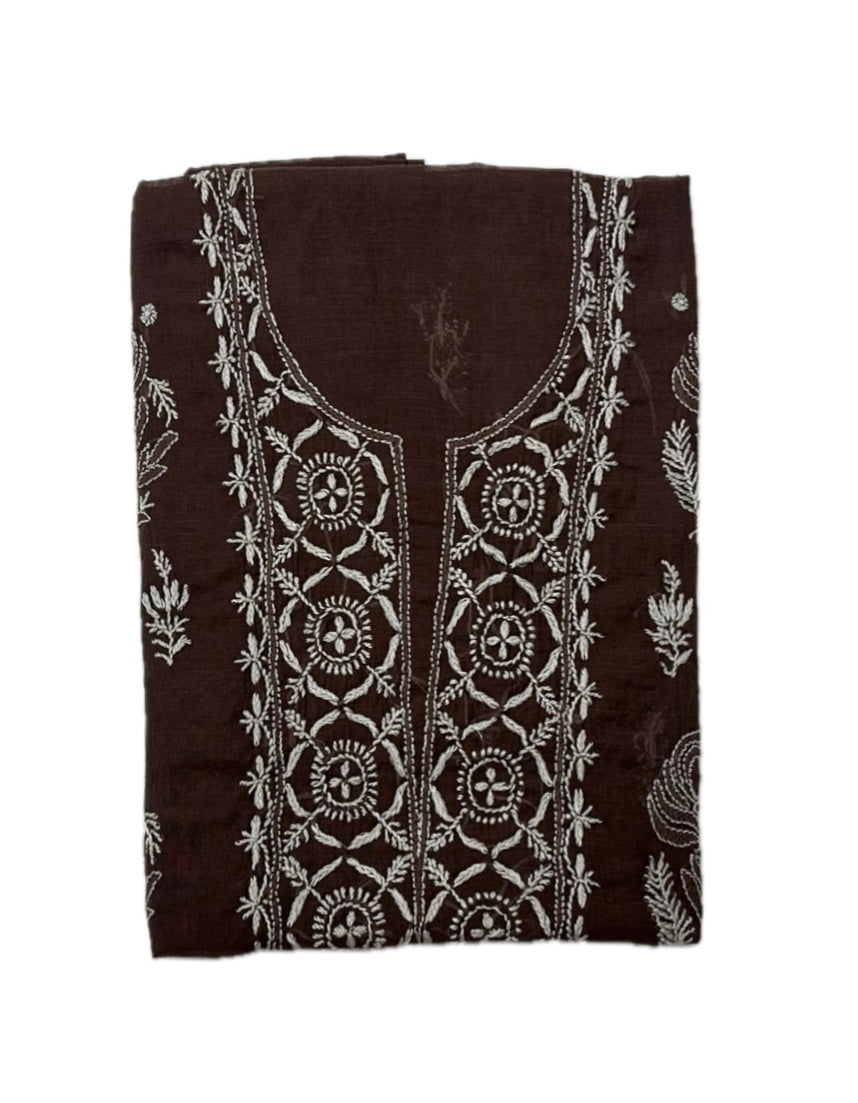 Pure Mul Chanderi Lucknowi Chikankari Unstitched Suit for Women with Dupatta – Hand Embroidered Ethnic Dress Material (2 Piece Set) - Brown