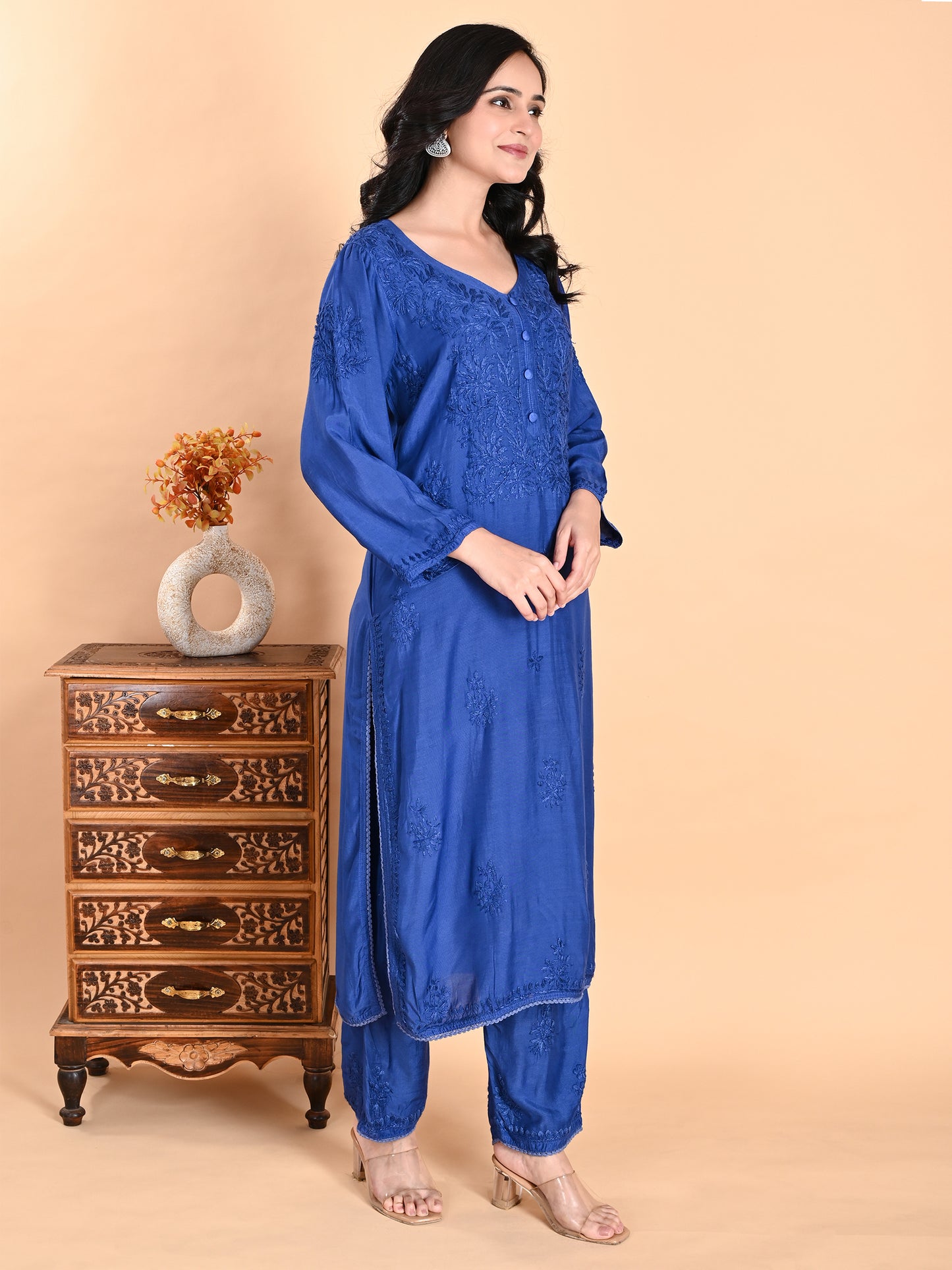 Blue Muslin Lucknowi Chikankari Kurta Set with Pajama for Women with Hand Embroidery – Festive Ethnic Wear Long Kurti Set
