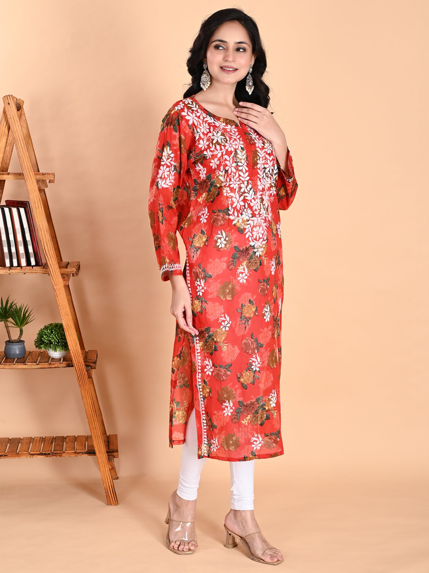 Red Mul Cotton Lucknowi Chikankari Floral Printed Long Kurti for Women with Hand Embroidery – Elegant Ethnic Wear Kurta