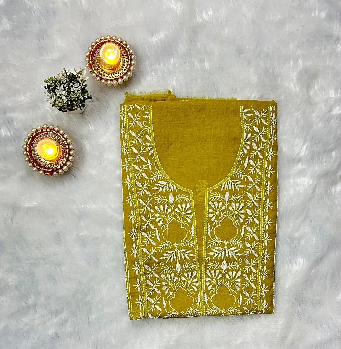 Pure Mul Chanderi Lucknowi Chikankari Unstitched Suit for Women with Dupatta – Hand Embroidered Ethnic Dress Material (2 Piece Set) - Mehendi