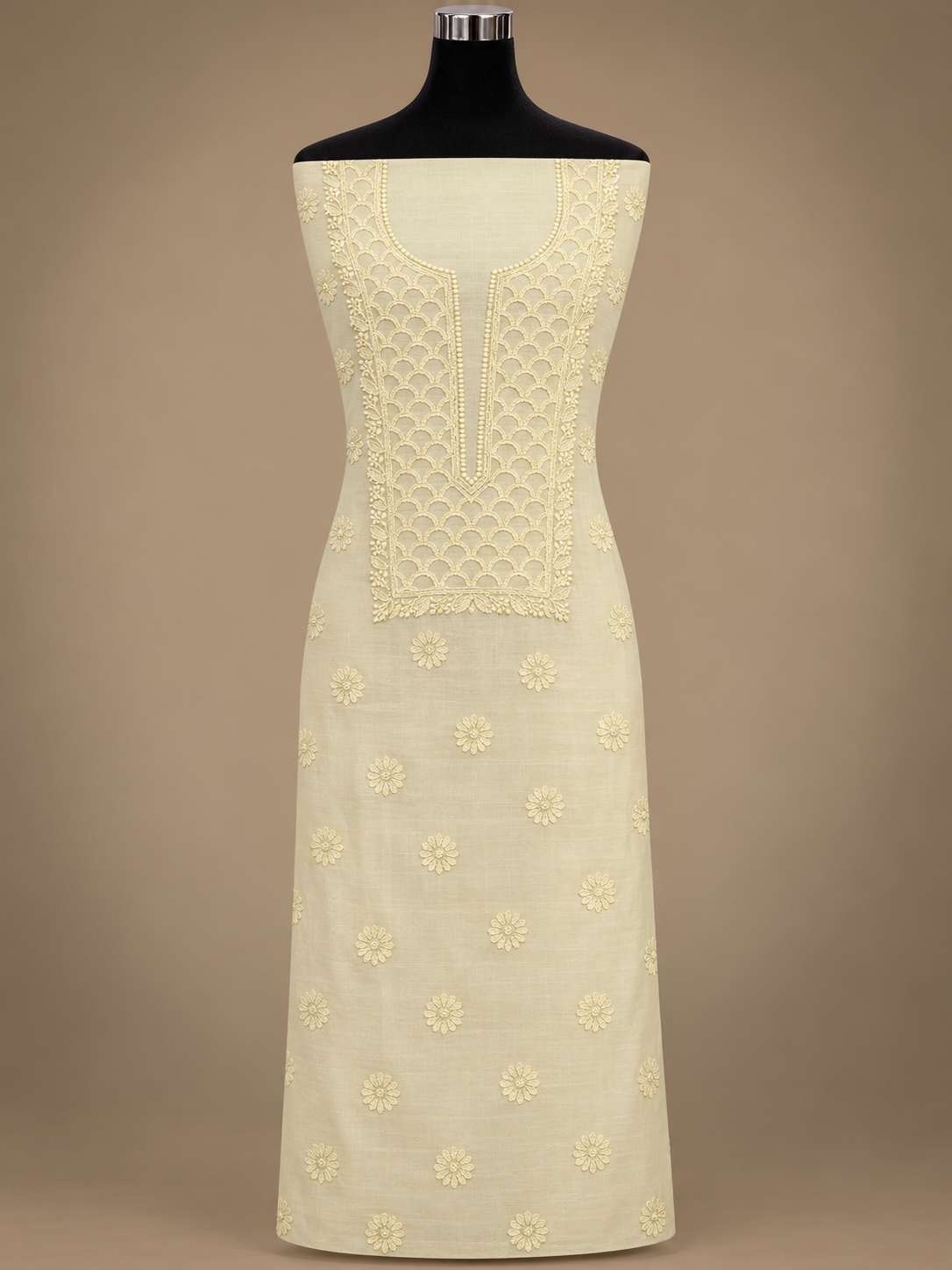 NAZAIRA Women's Lemon Yellow Silk Chanderi Unstitched 2-Piece Suit (Kurta Fabric & Dupatta) | Hand Embroidered Lucknow Chikankari | Glass Gala Neck Work, All-Over Buti | Wedding & Festive