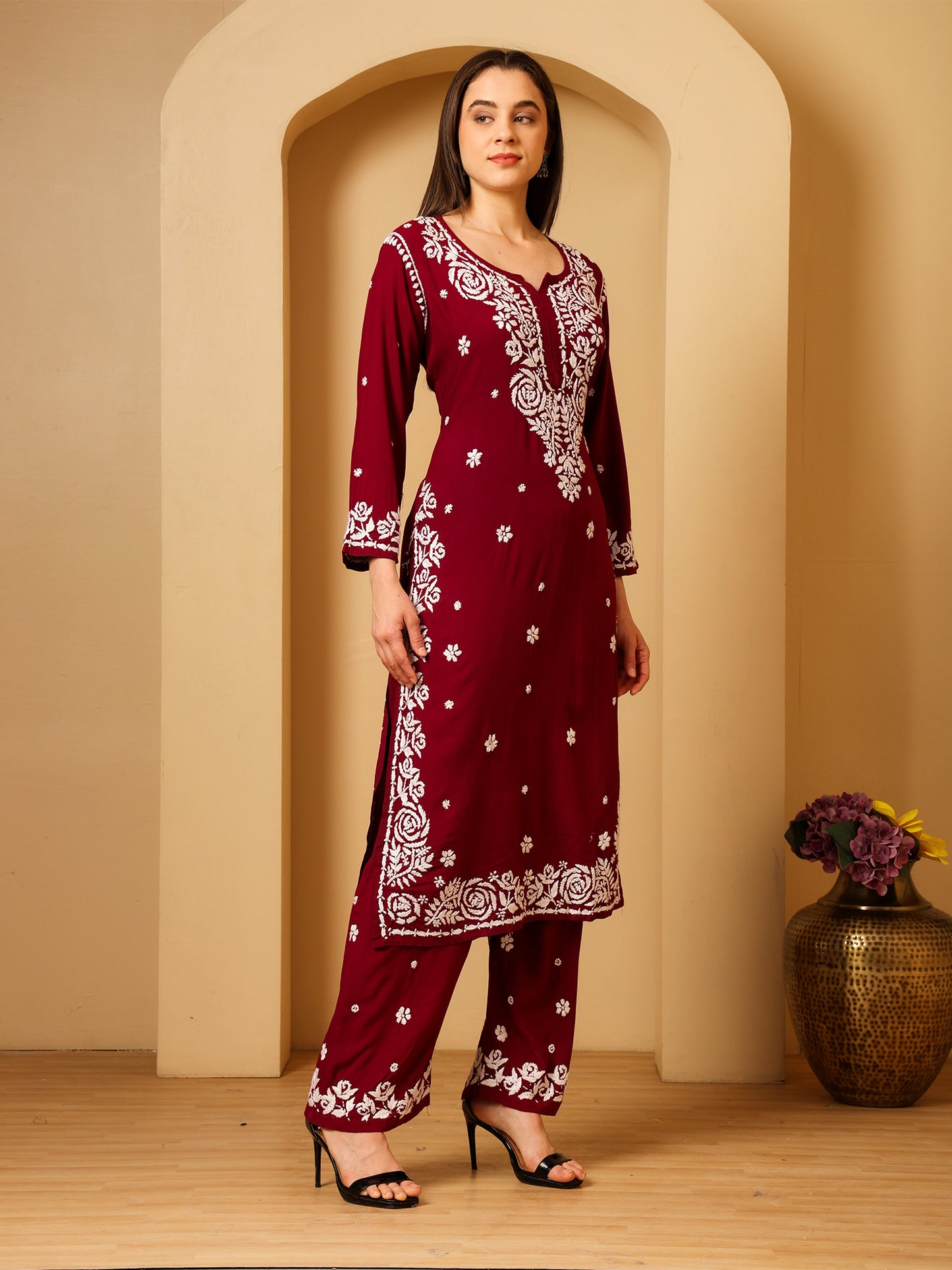 Nazaira Women’s Rayon 3D Work Lucknow Chikankari Kurta with Palazzo Set | Hand Embroidered Lucknawi Chickankari Kurti | Ethnic Wear | Maroon |