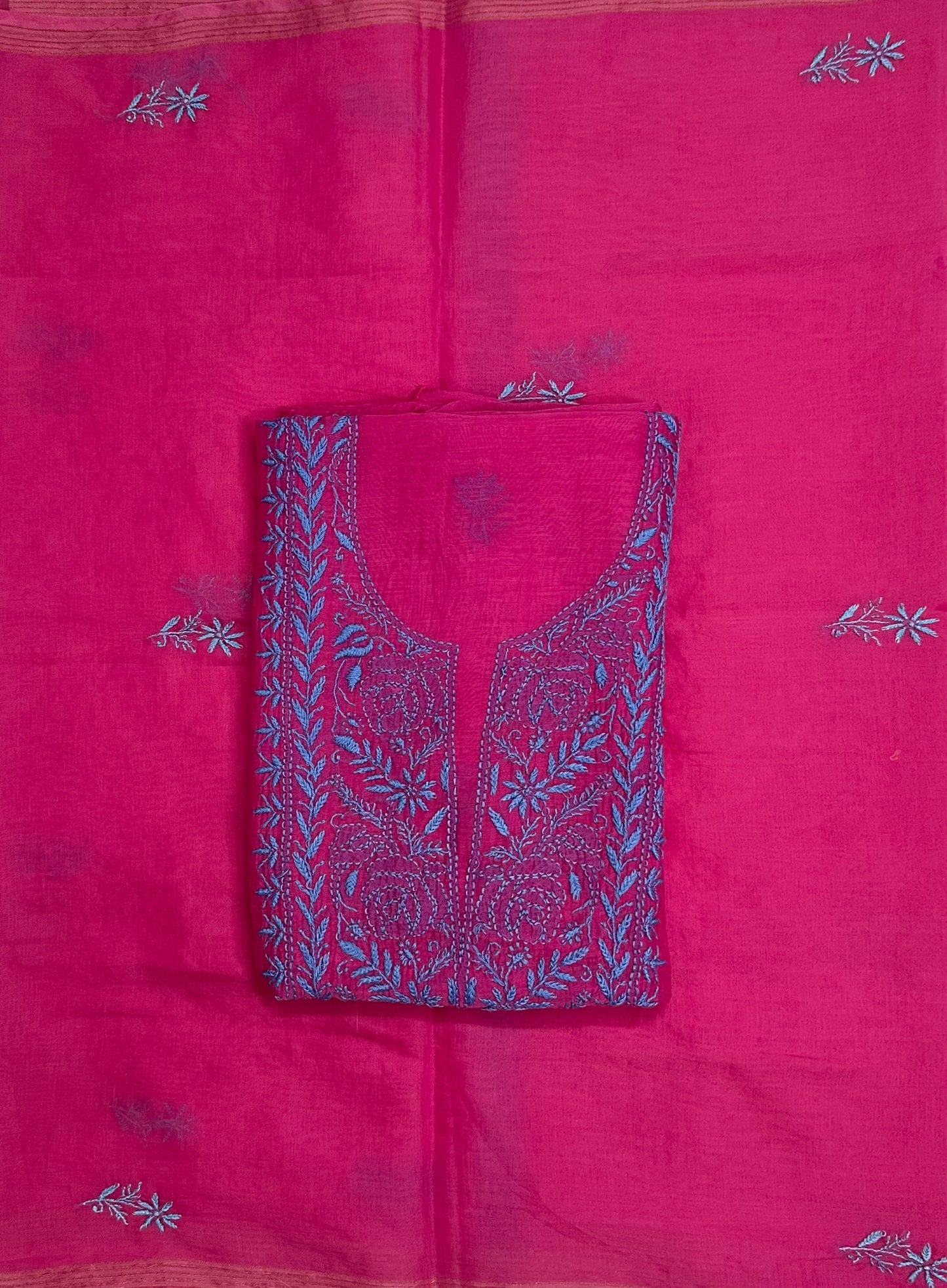 Pure Mul Chanderi Lucknowi Chikankari Unstitched Suit for Women with Dupatta – Hand Embroidered Ethnic Dress Material (2 Piece Set) - Magenta