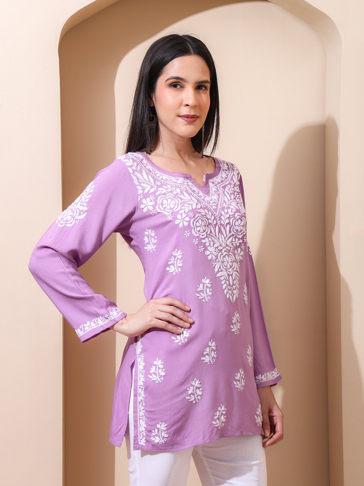 Nazaira Women’s Rayon Lucknow Chikankari Short Kurta | Handmade Hand Embroidered Luckhnawi Kurti for Women | Ethnic Wear Tunic Top for Daily, Casual Lavender