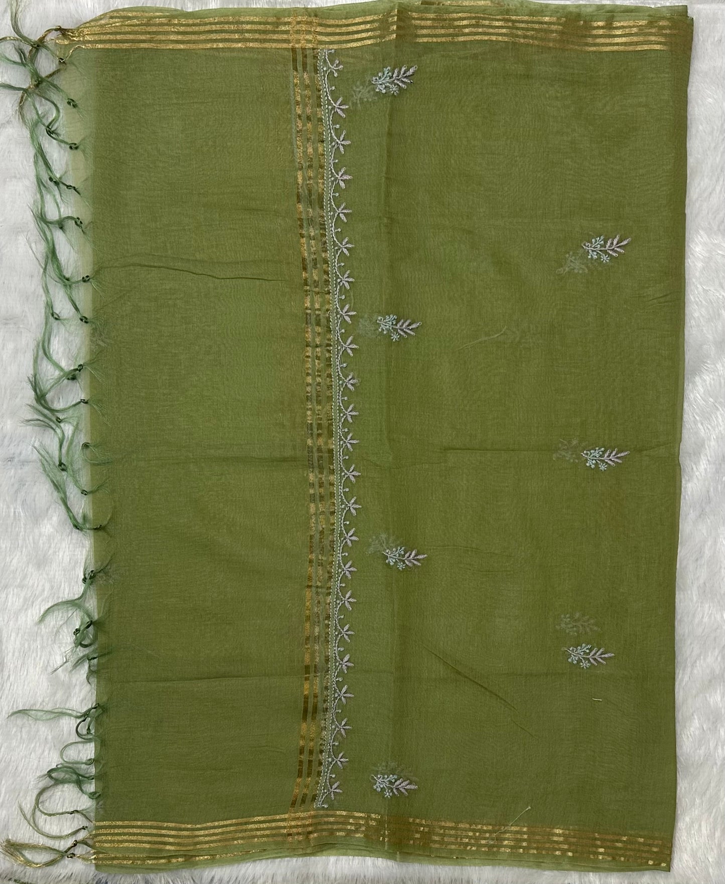 Pure Mul Chanderi Lucknowi Chikankari Unstitched Suit for Women with Dupatta – Hand Embroidered Ethnic Dress Material (2 Piece Set) - Green