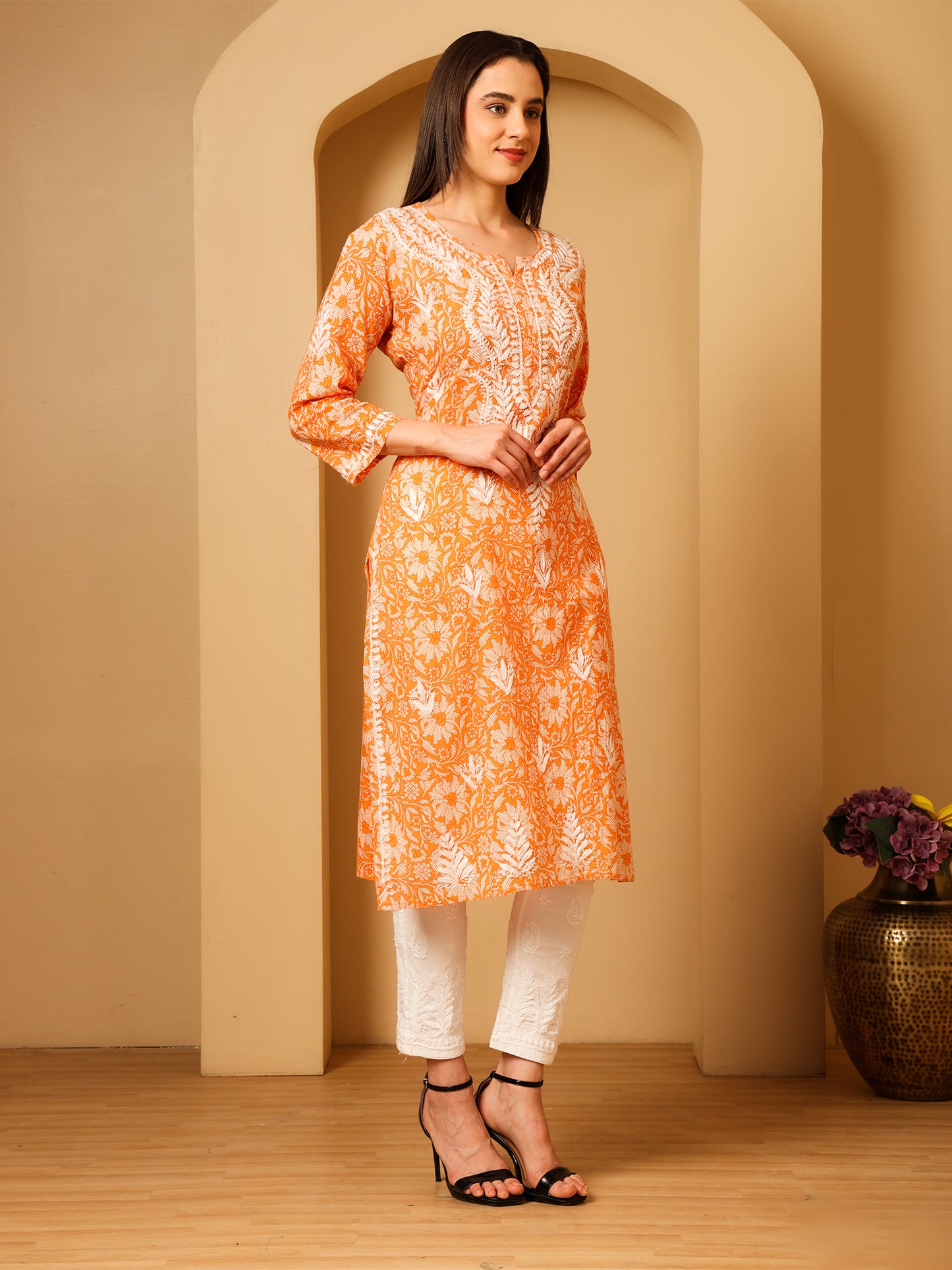 Nazaira Mulmul Cotton Chikankari Kurta for Women Orange | Hand Embroidered Lucknow Chikankari Kurti | Ethnic Wear Long Kurta for Women | Handmade Luckhnawi Chickankari Kurta