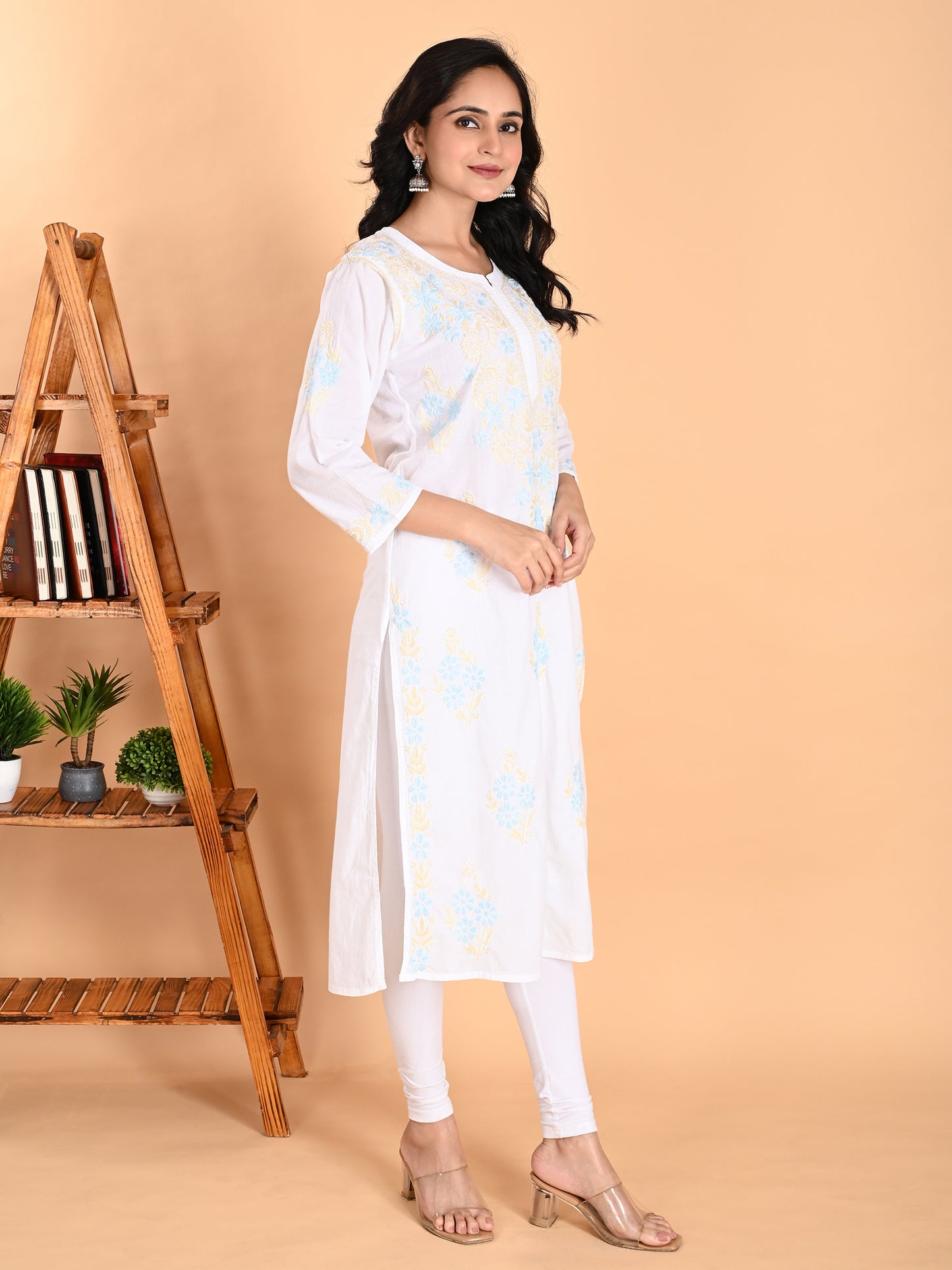 White Cotton Lucknowi Chikankari Long Kurta for Women with Blue & Golden Thread Hand Embroidery – Ethnic Wear Kurti