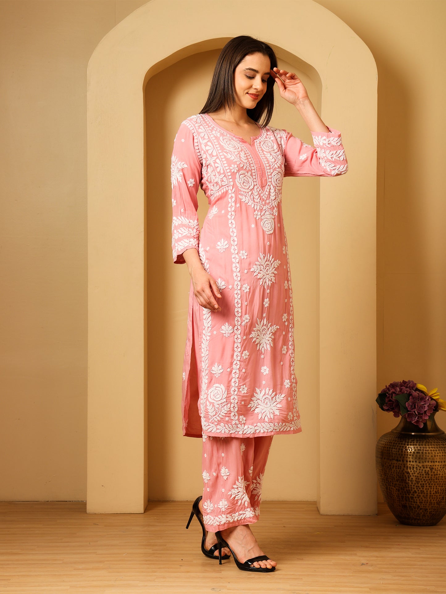 Nazaira Modal Lucknow Chikankari Kurta Set for Women with Palazzo | 3D Hand Embroidery Long Kurti | Ethnic Wear for Women | Handmade Luckhnawi Chickankari | Pink |