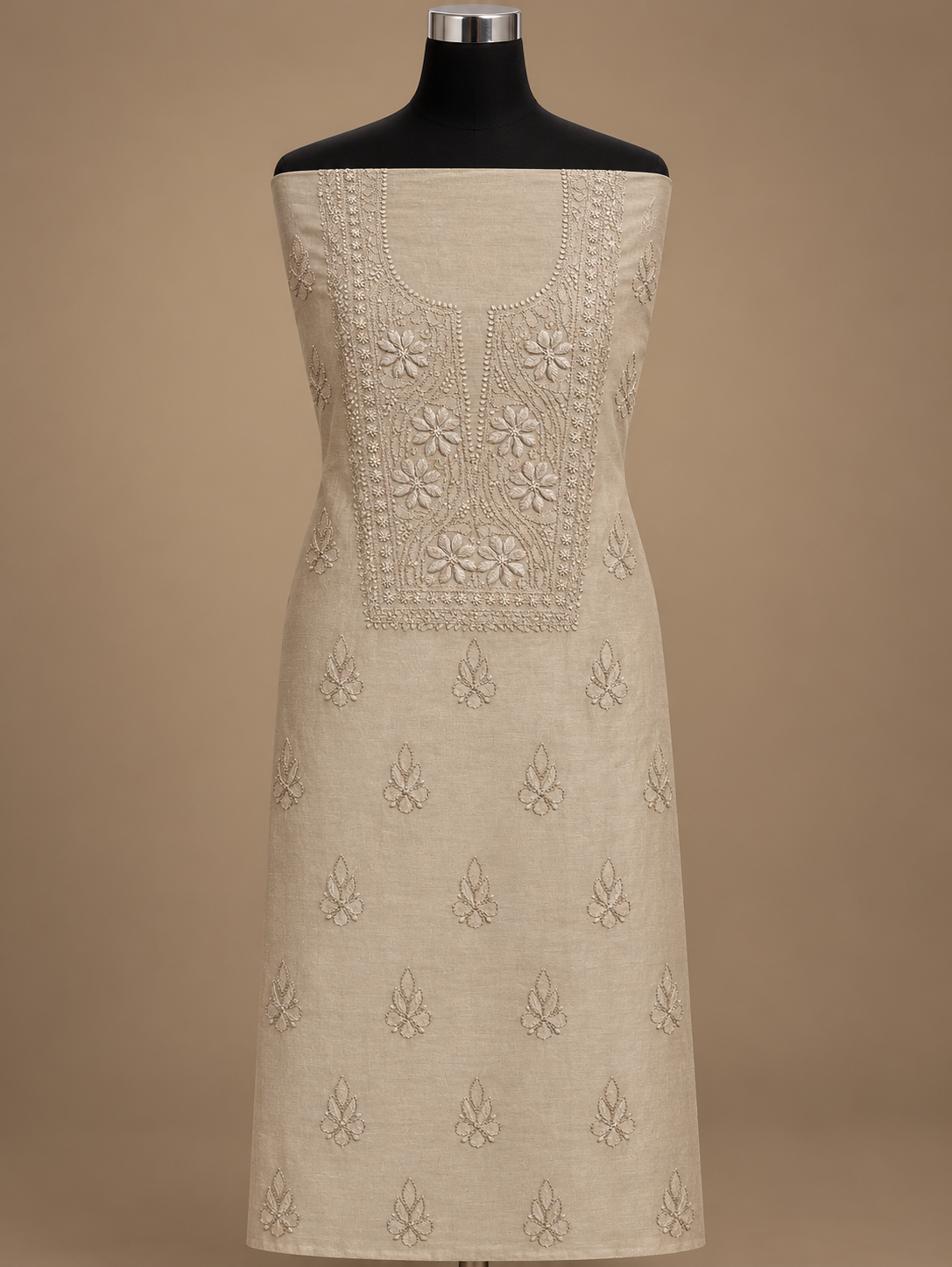 NAZAIRA Women's Tan Silk Chanderi Unstitched 2-Piece Suit (Kurta Fabric & Dupatta) | Hand Embroidered Lucknow Chikankari | Glass Gala Neck Work, All-Over Buti | Wedding & Festive