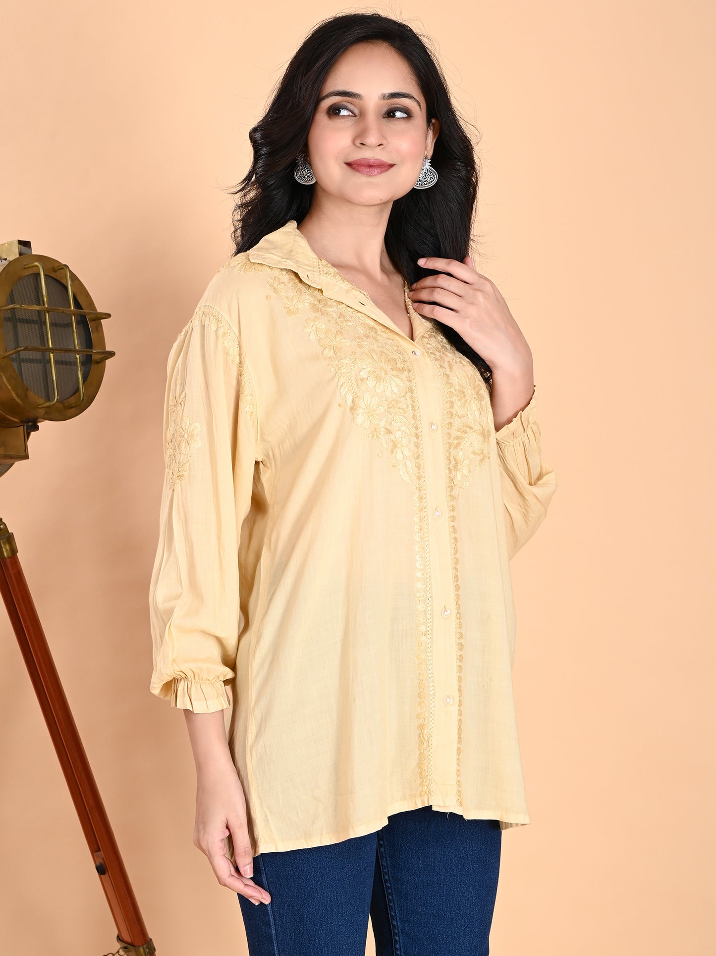 Cream Modal Lucknowi Chikankari Shirt Style Short Kurti for Women with Hand Embroidery – Casual Ethnic Wear Top