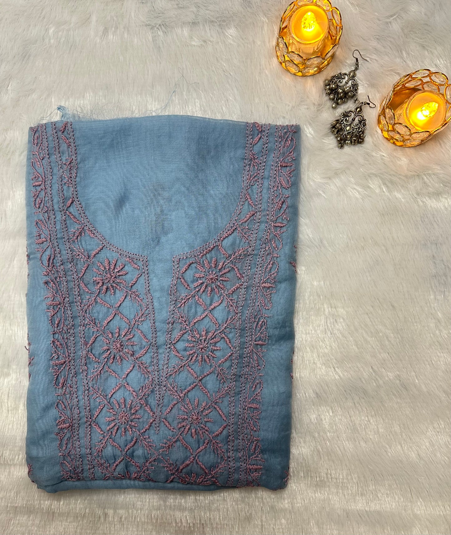 Pure Mul Chanderi Lucknowi Chikankari Unstitched Suit for Women with Dupatta – Hand Embroidered Ethnic Dress Material (2 Piece Set) - Sky Blue