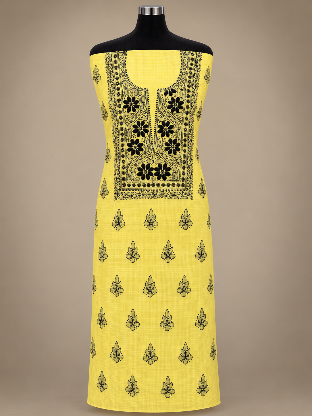 Women's Yellow Kota Cotton Unstitched 2 Piece Suit Dress Material with Dupatta | Lucknowi Chikankari Hand Embroidery, Glass Gala Neck Work, Front Back Motifs | Pooja Wedding Festive