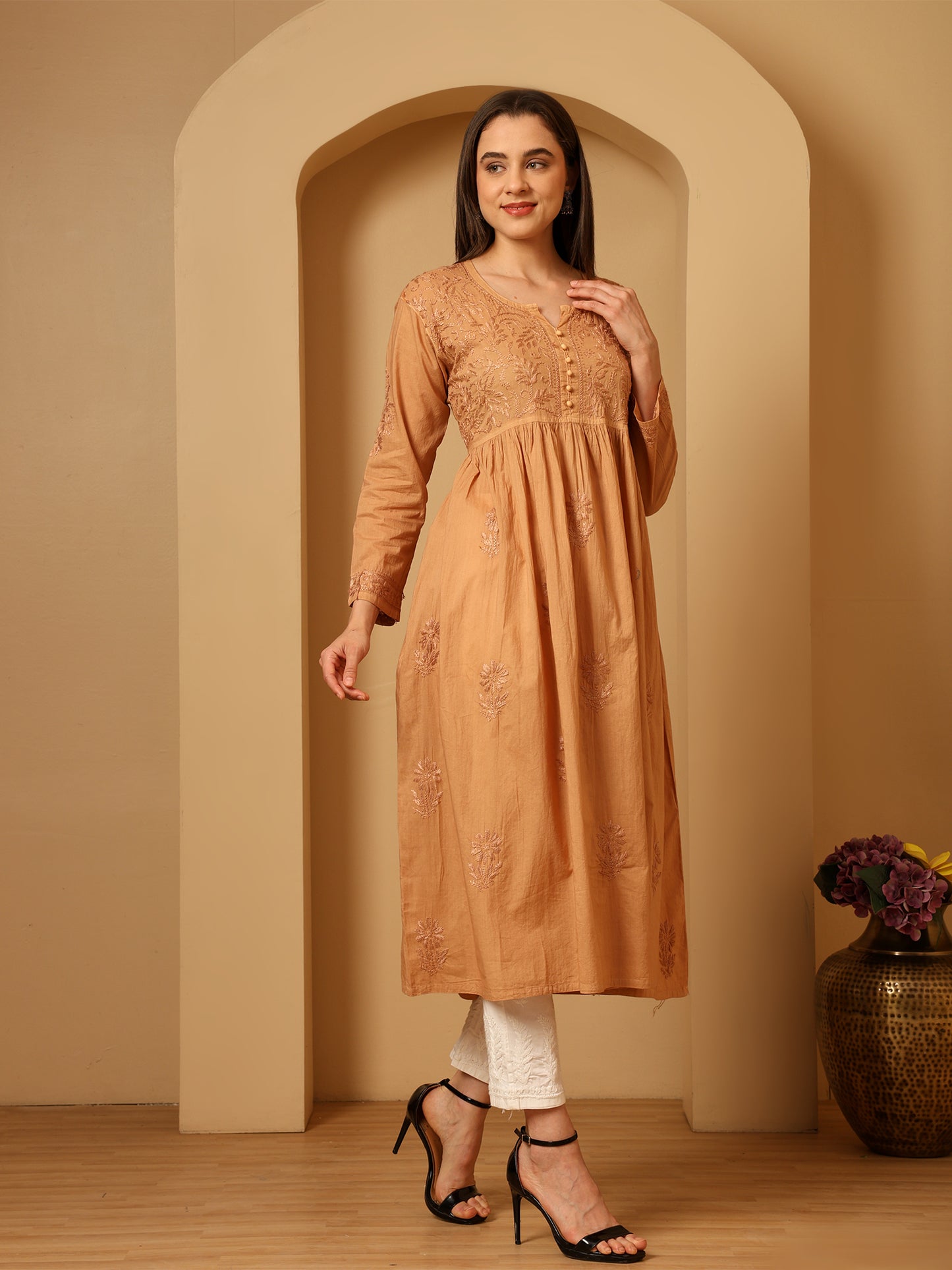 Nazaira Women’s Cotton Chikankari Kurta Gown Style Beige | Hand Embroidered Lucknow Chikankari Kurti | Ethnic Wear for Women | Long Anarkali Kurta | Handmade Cotton Kurta