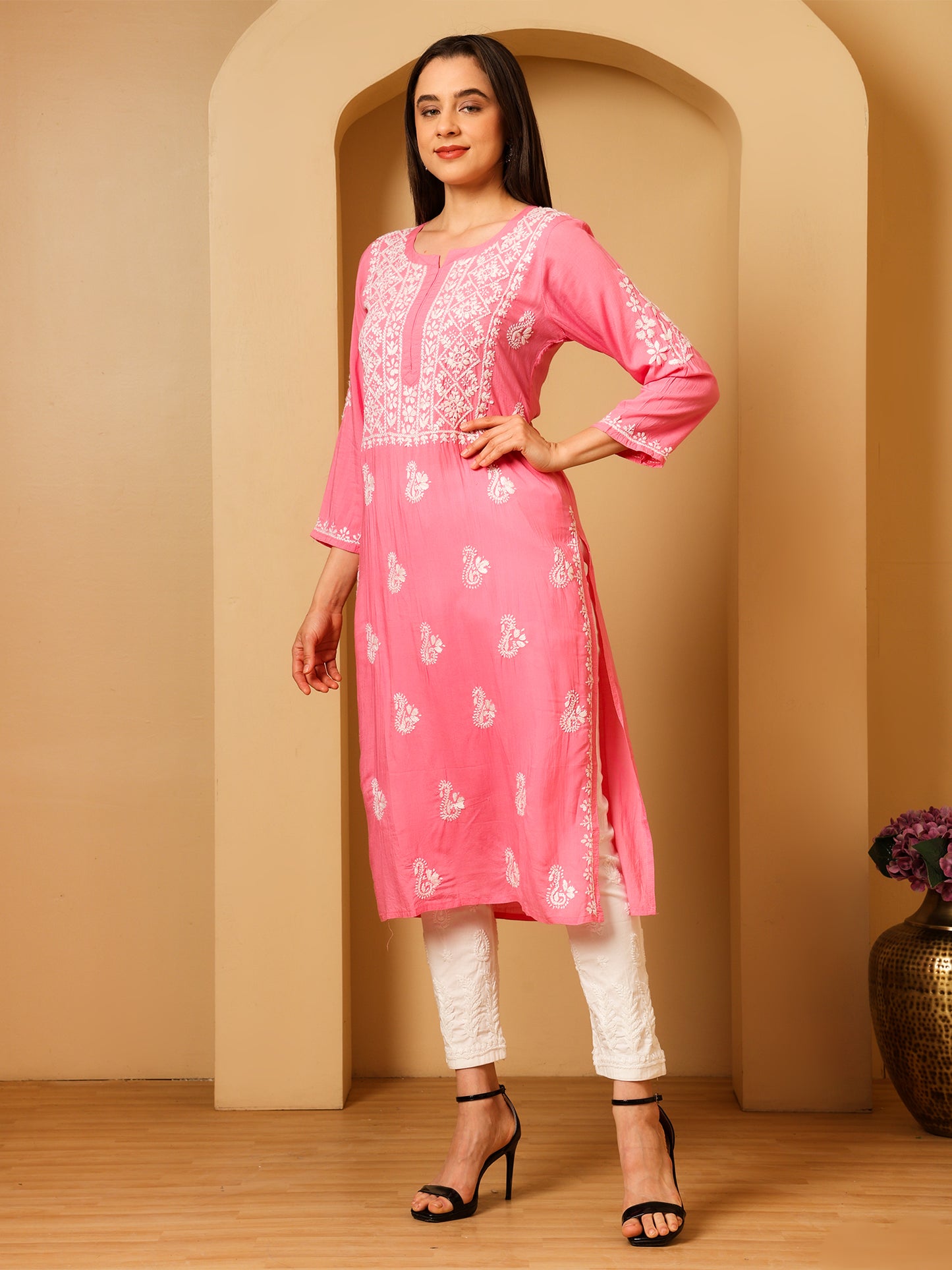 Nazaira Women’s Modal Chikankari Kurta Pink | Hand Embroidered Lucknowi Chikankari Kurti | Ethnic Wear Long Kurta for Women | Lightweight Breathable Daily & Festive Wear