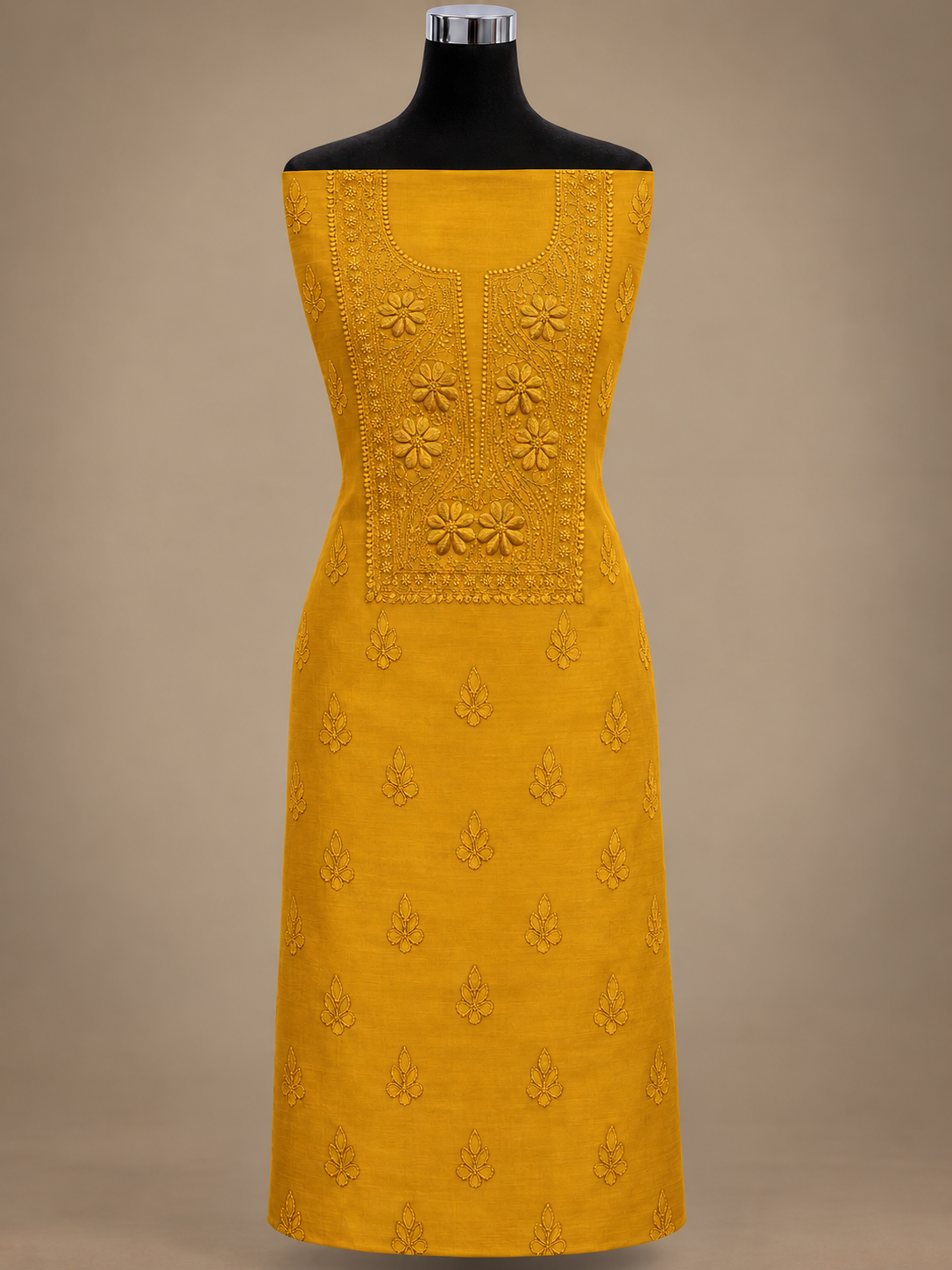 NAZAIRA Women's Mustard Silk Chanderi Unstitched 2-Piece Suit (Kurta Fabric & Dupatta) | Hand Embroidered Lucknow Chikankari | Glass Gala Neck Work, All-Over Buti | Wedding & Festive