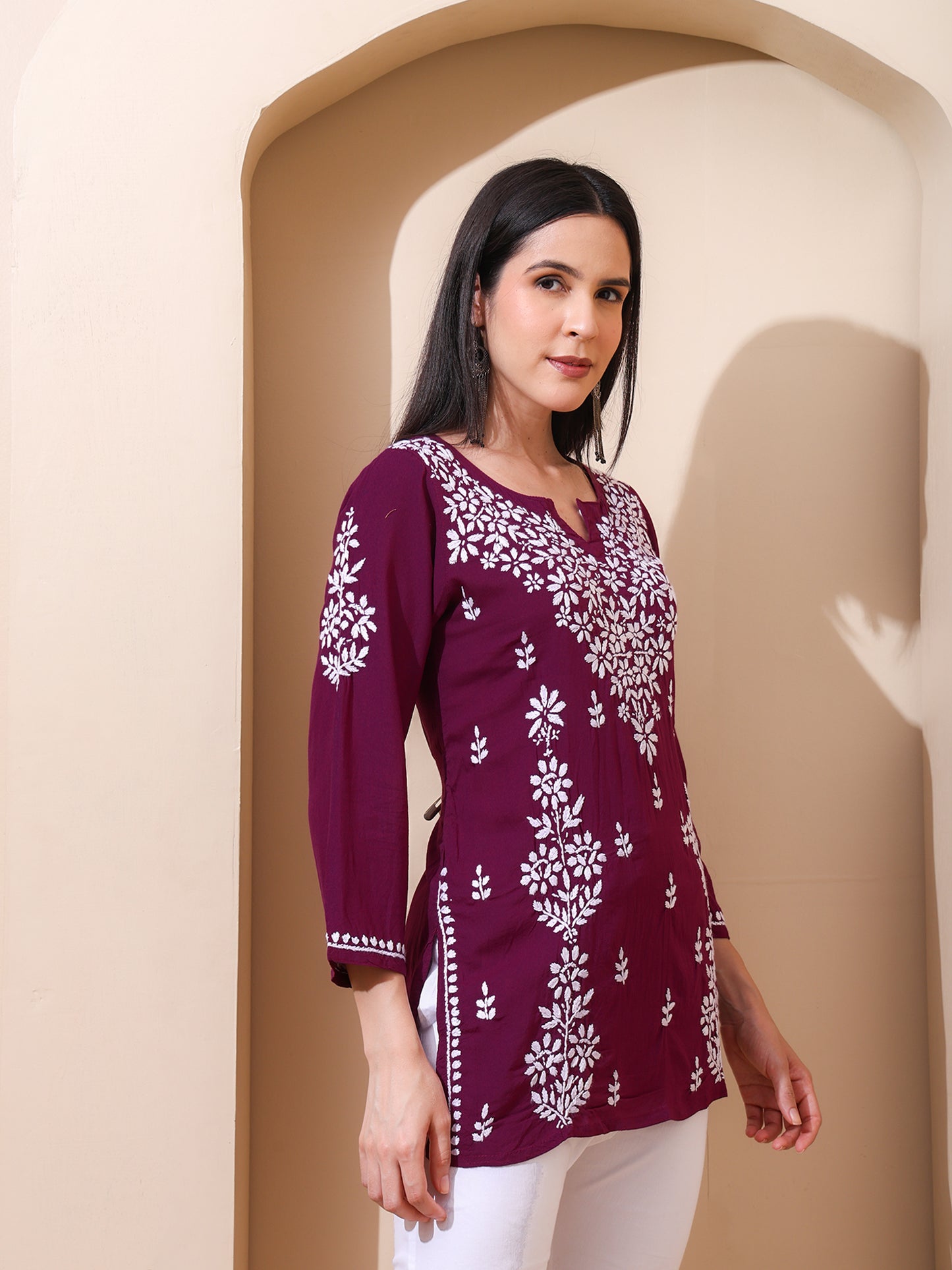 Nazaira Women’s Modal Lucknow Chikankari Short Kurta | Hand Embroidered Luckhnawi Kurti for Women | Ethnic Wear Tunic Top with Panel Work | Wine