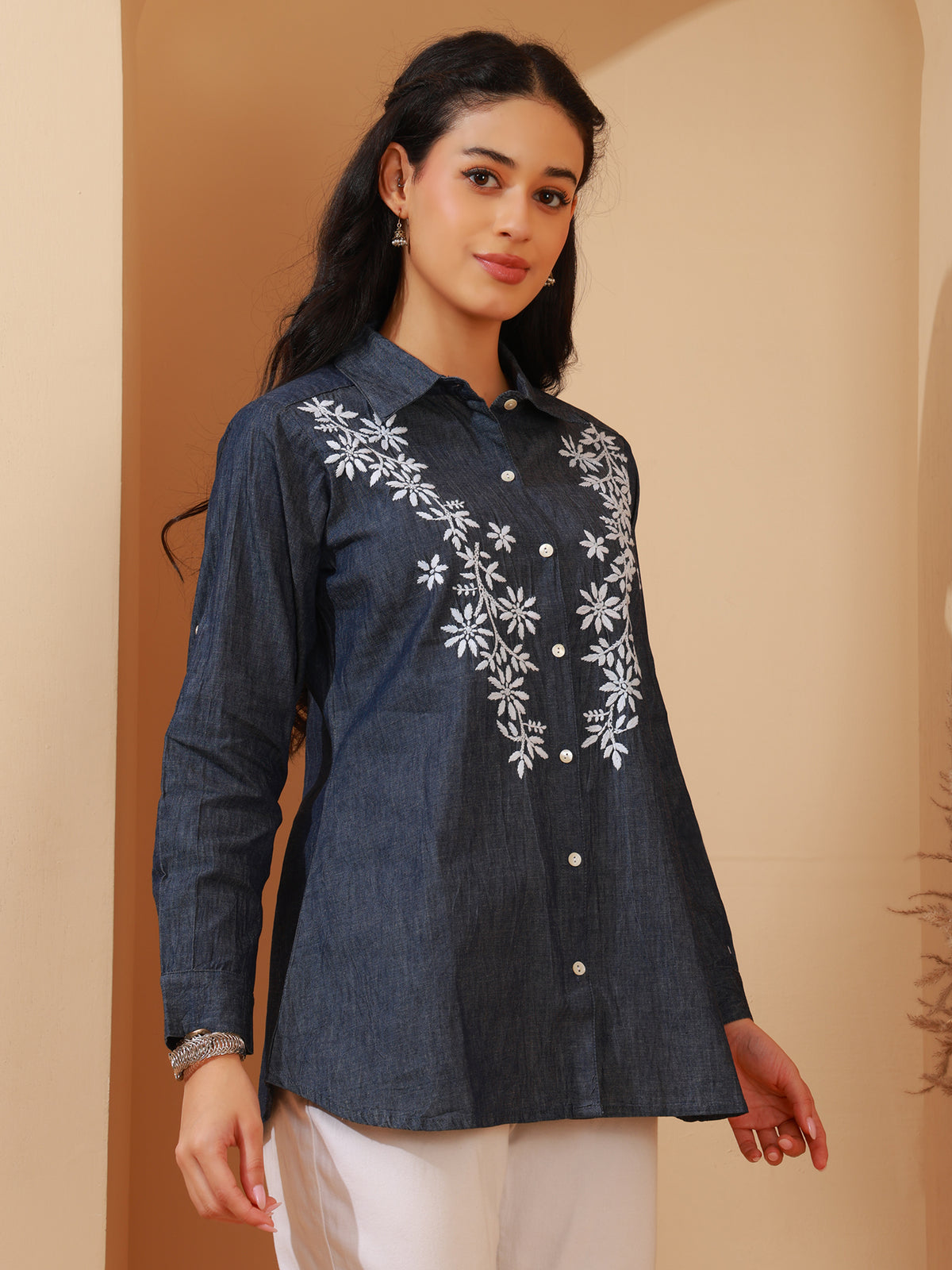 Nazaira Denim Chikankari Shirt for Women | Blue Hand Embroidered Shirt with White Floral Lucknow Chikankari | Long Sleeve Modern Ethnic Wear | Office, Casual & College Wear