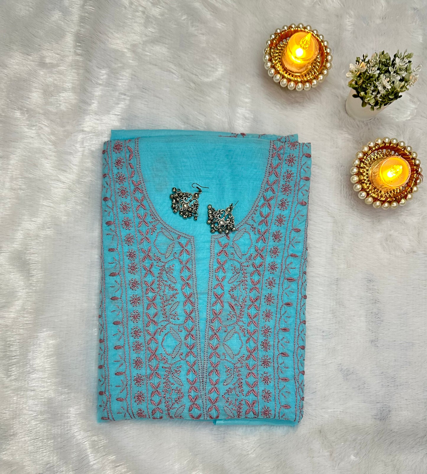 Pure Mul Chanderi Lucknowi Chikankari Unstitched Suit for Women with Dupatta – Hand Embroidered Ethnic Dress Material (2 Piece Set) - Sea Blue