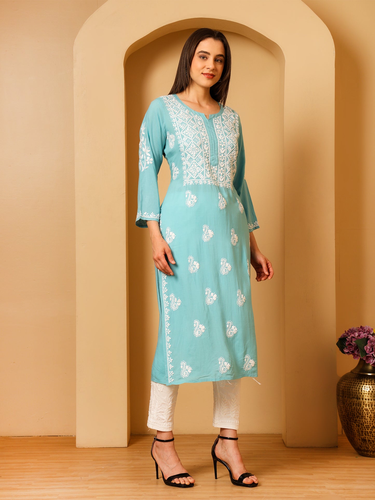 Nazaira Women’s Modal Chikankari Kurta Sea Green | Hand Embroidered Lucknowi Chikankari Kurti | Ethnic Wear Long Kurta for Women | Lightweight Breathable Daily & Festive Wear