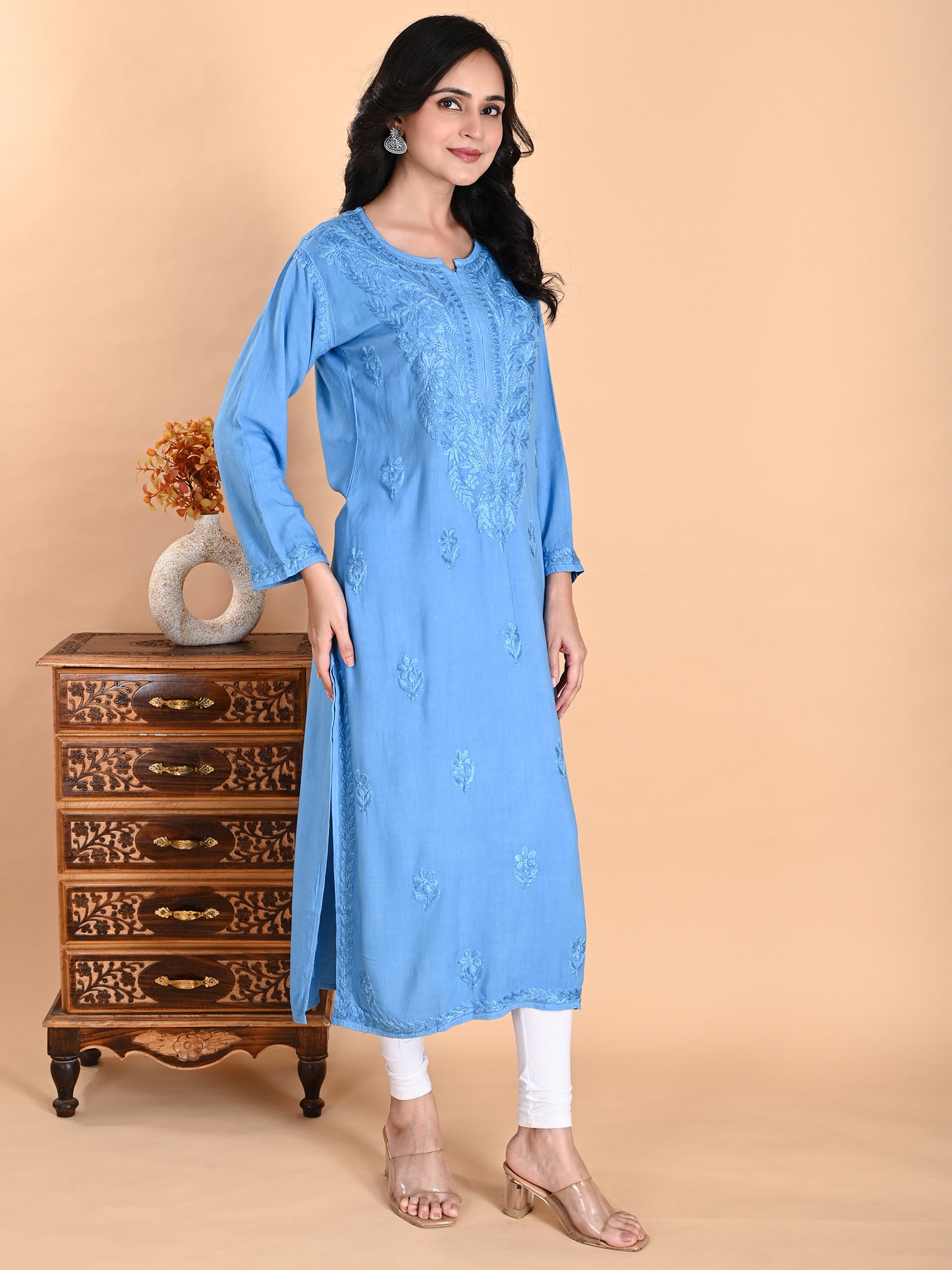 Blue Rayon Lucknowi Chikankari Long Kurta for Women with Hand Embroidery – Elegant Traditional Ethnic Wear Kurti