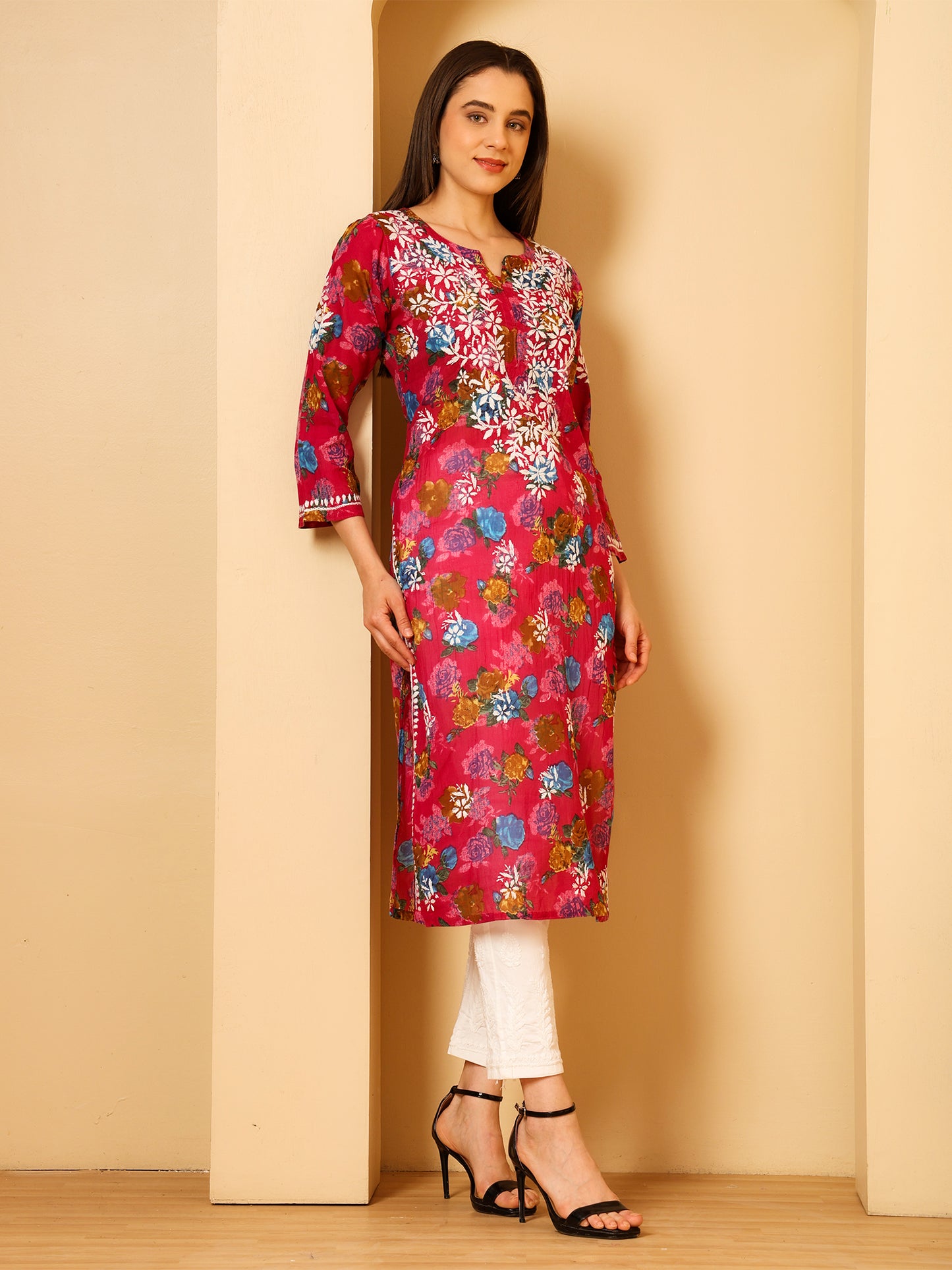 Nazaira Women’s Magenta Mul Cotton Lucknowi Chikankari Long Kurti | Hand-Embroidered Floral Printed Cotton Kurta | Elegant Ethnic Wear for Women | Traditional Lucknow Chikan Work |