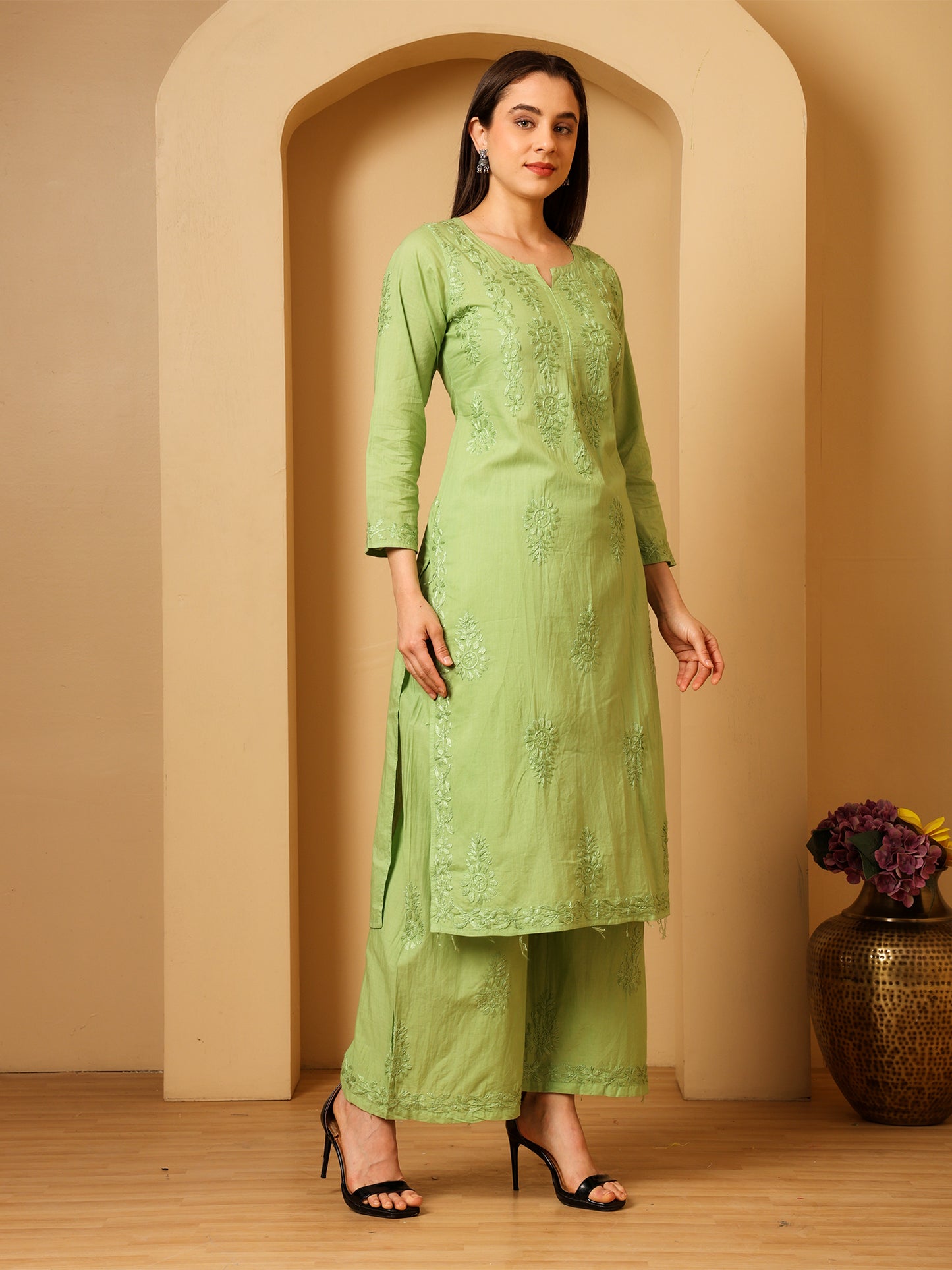 Cotton Chikankari Kurta Palazzo Set for Women | Hand Embroidered Lucknowi Chikankari Kurti with Palazzo | Ethnic Wear Long Kurta Set (Green) | Handmade Cotton Kurta for Women