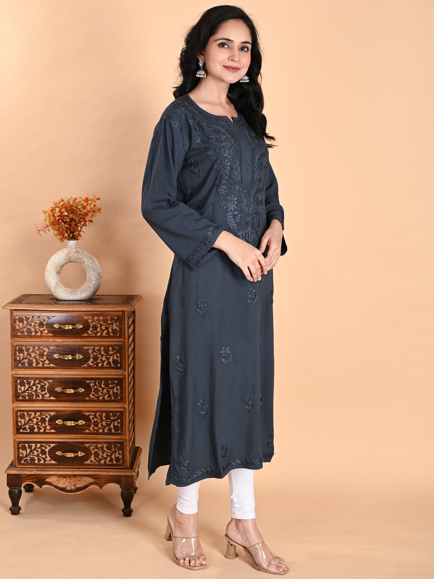 Green Rayon Lucknowi Chikankari Long Kurta for Women with Hand Embroidery – Elegant Traditional Ethnic Wear Kurti