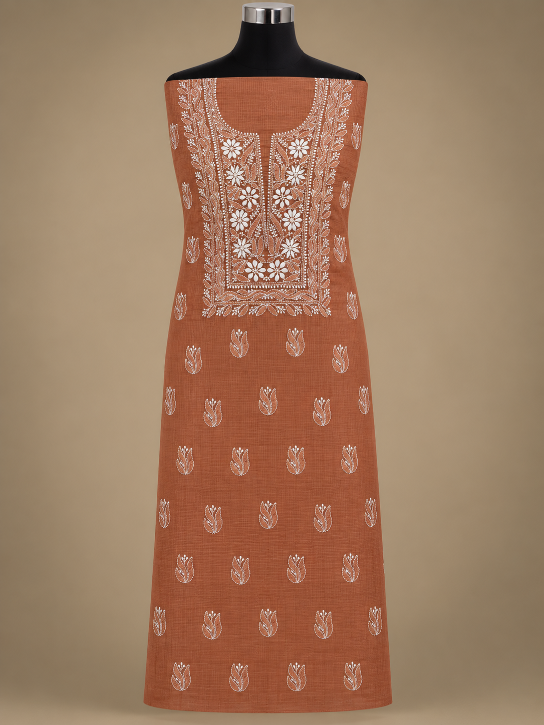 Women's Terracotta Brown Kota Cotton Unstitched 2 Piece Suit Dress Material with Dupatta | Lucknowi Chikankari Hand Embroidery | Glass Gala Neck, Heavy Dupatta Work | Pooja Wedding Festive