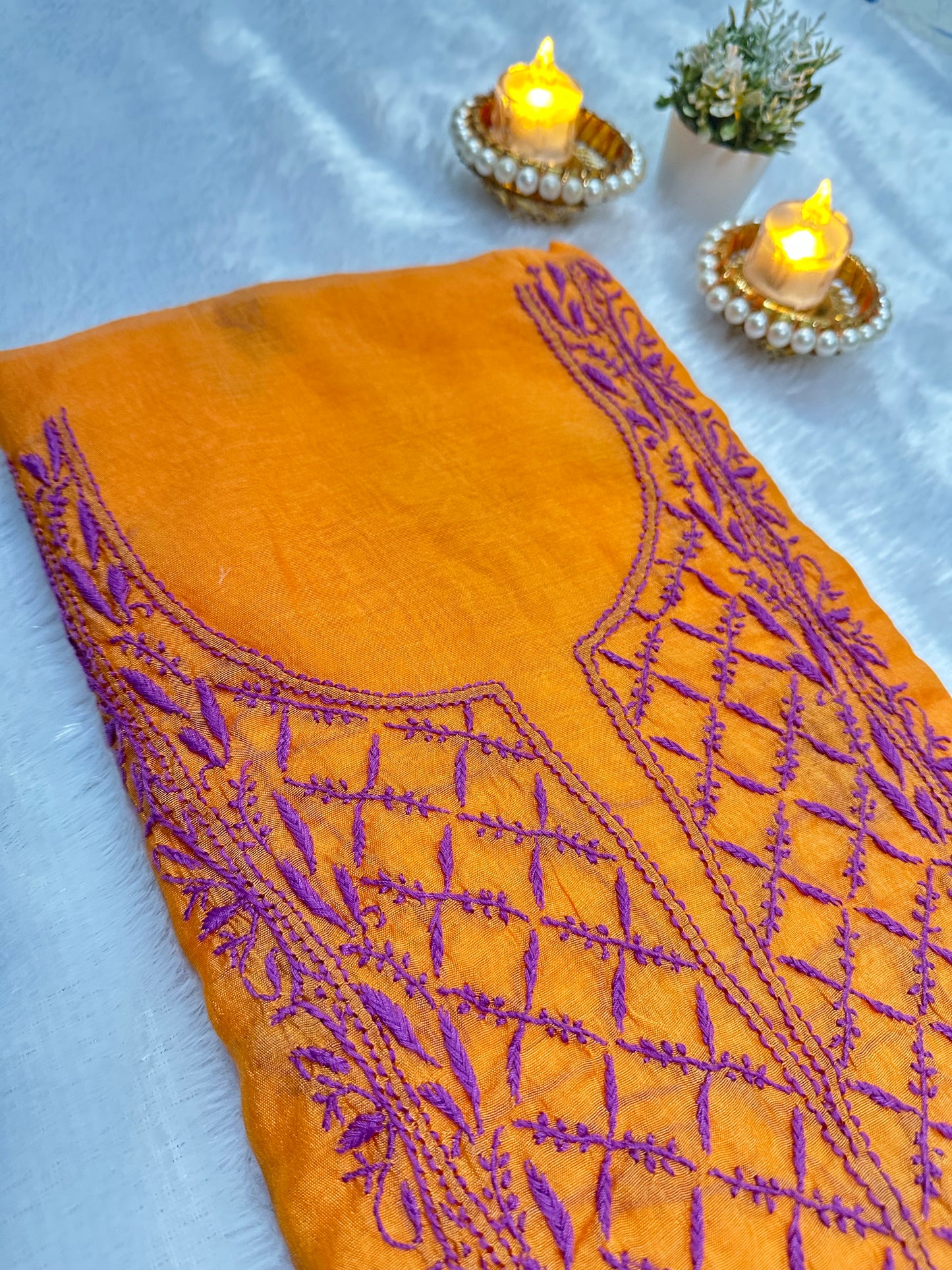 Pure Mul Chanderi Lucknowi Chikankari Unstitched Suit for Women with Dupatta – Hand Embroidered Ethnic Dress Material (2 Piece Set) - Orange 2