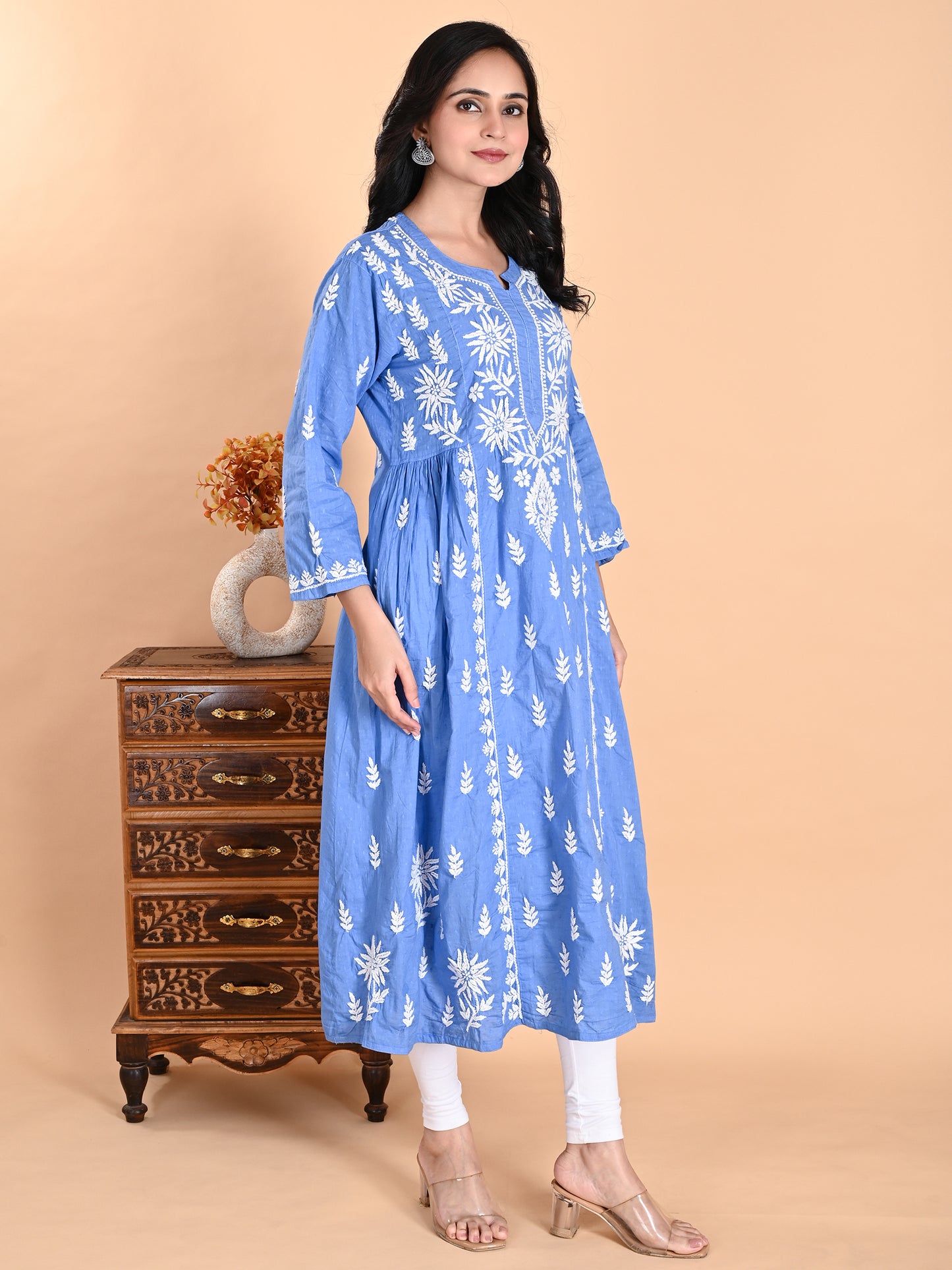 Blue Cotton Lucknowi Chikankari Long Gown Style Kurta for Women with White Hand Embroidery – Ethnic Wear Kurti