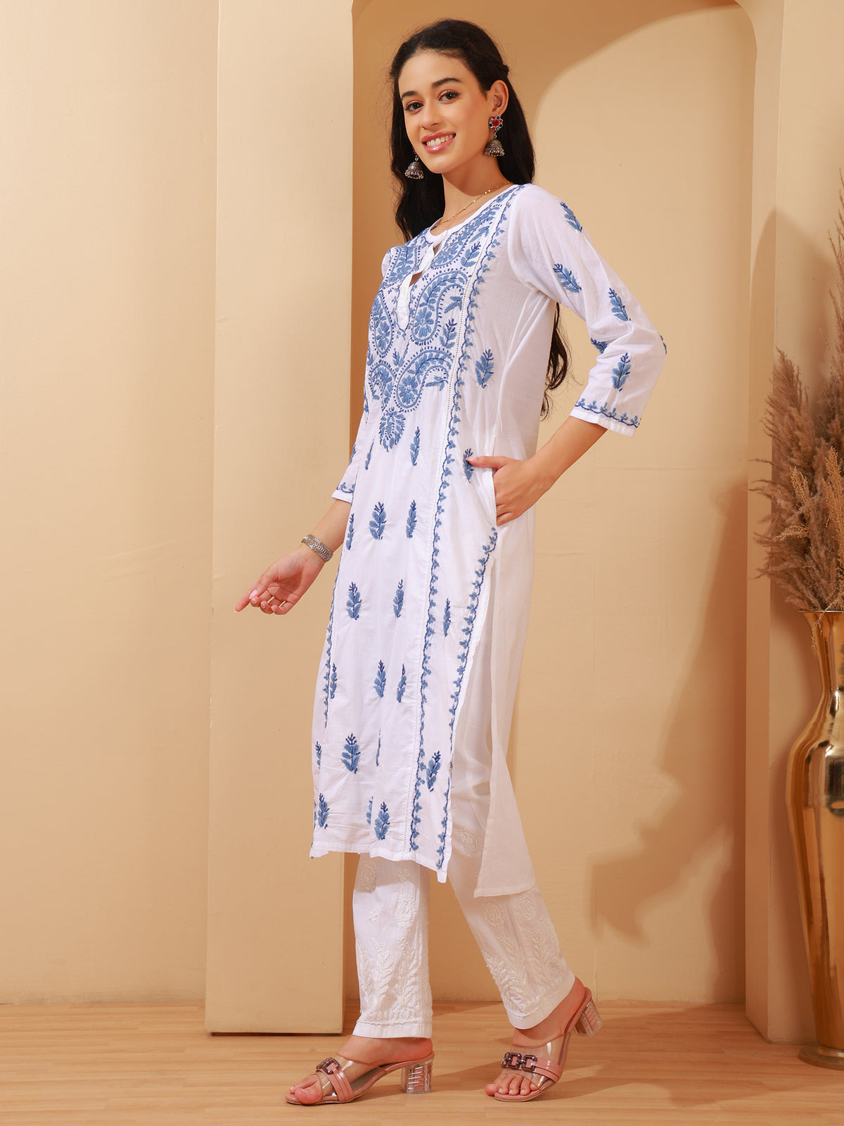 Nazaira Cotton Chikankari Kurta for Women | White Long Kurti with Blue Hand Embroidery | Lucknowi Chikankari Handwork Ethnic Wear | Handmade Cotton Kurta with Pocket
