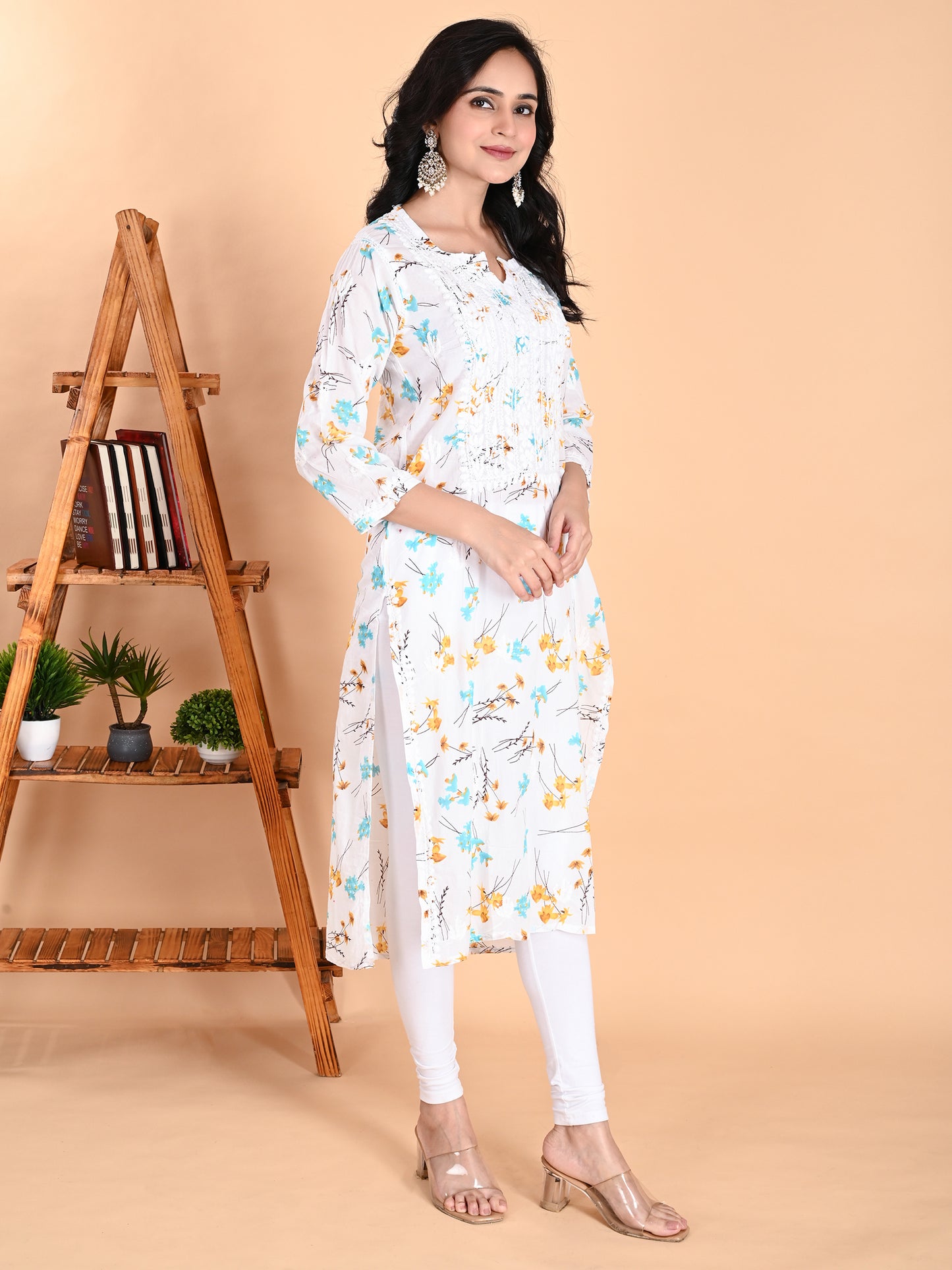 Mulmul Cotton Lucknowi Chikankari Blue Floral Printed Long Kurta for Women with Hand Embroidery – Ethnic Wear Kurti