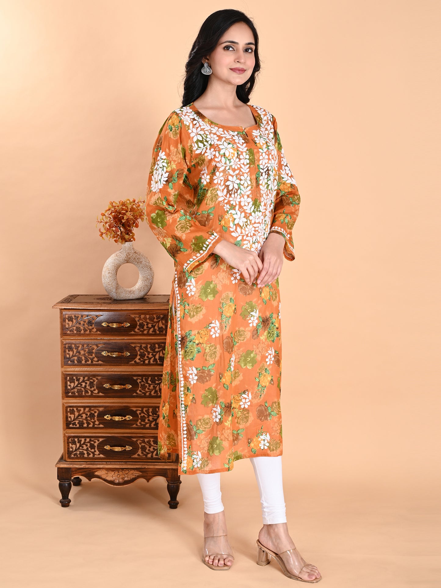 Mustard Mul Cotton Lucknowi Chikankari Floral Printed Long Kurti for Women with Hand Embroidery – Elegant Ethnic Wear Kurta
