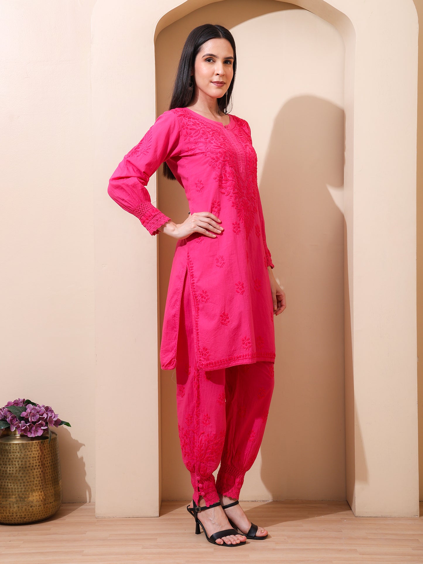 Nazaira Women’s Cotton Chikankari Kurta Pant Set | Hand Embroidered Lucknowi Chikankari Afghani Set for Women | Ethnic Kurti Set with Bottom Wear | Magenta