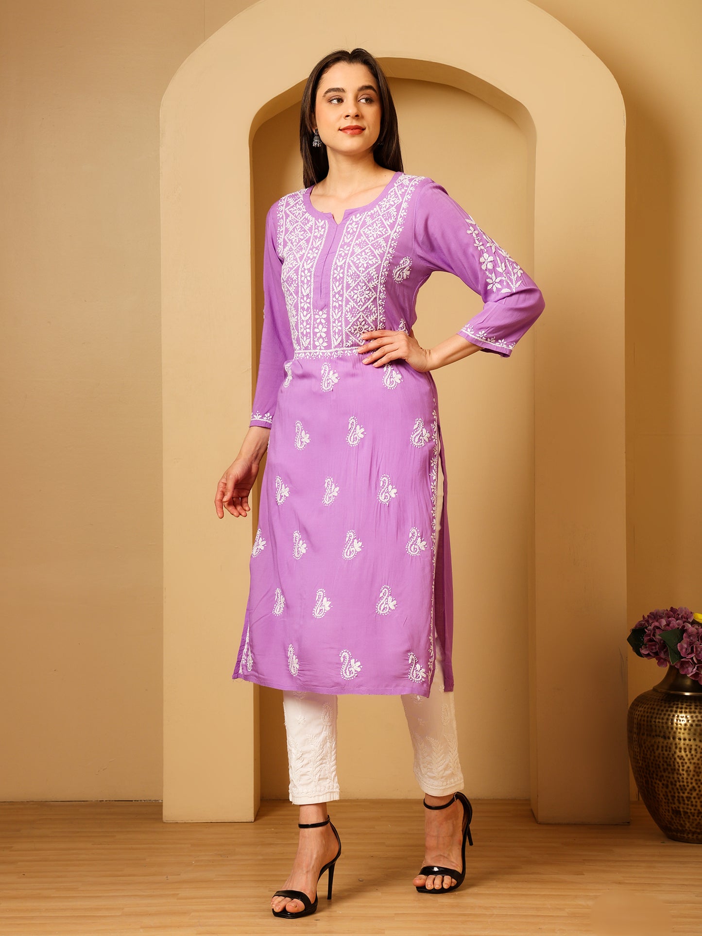 Nazaira Women’s Modal Chikankari Kurta Lavender | Hand Embroidered Lucknowi Chikankari Kurti | Ethnic Wear Long Kurta for Women | Lightweight Breathable Daily & Festive Wear