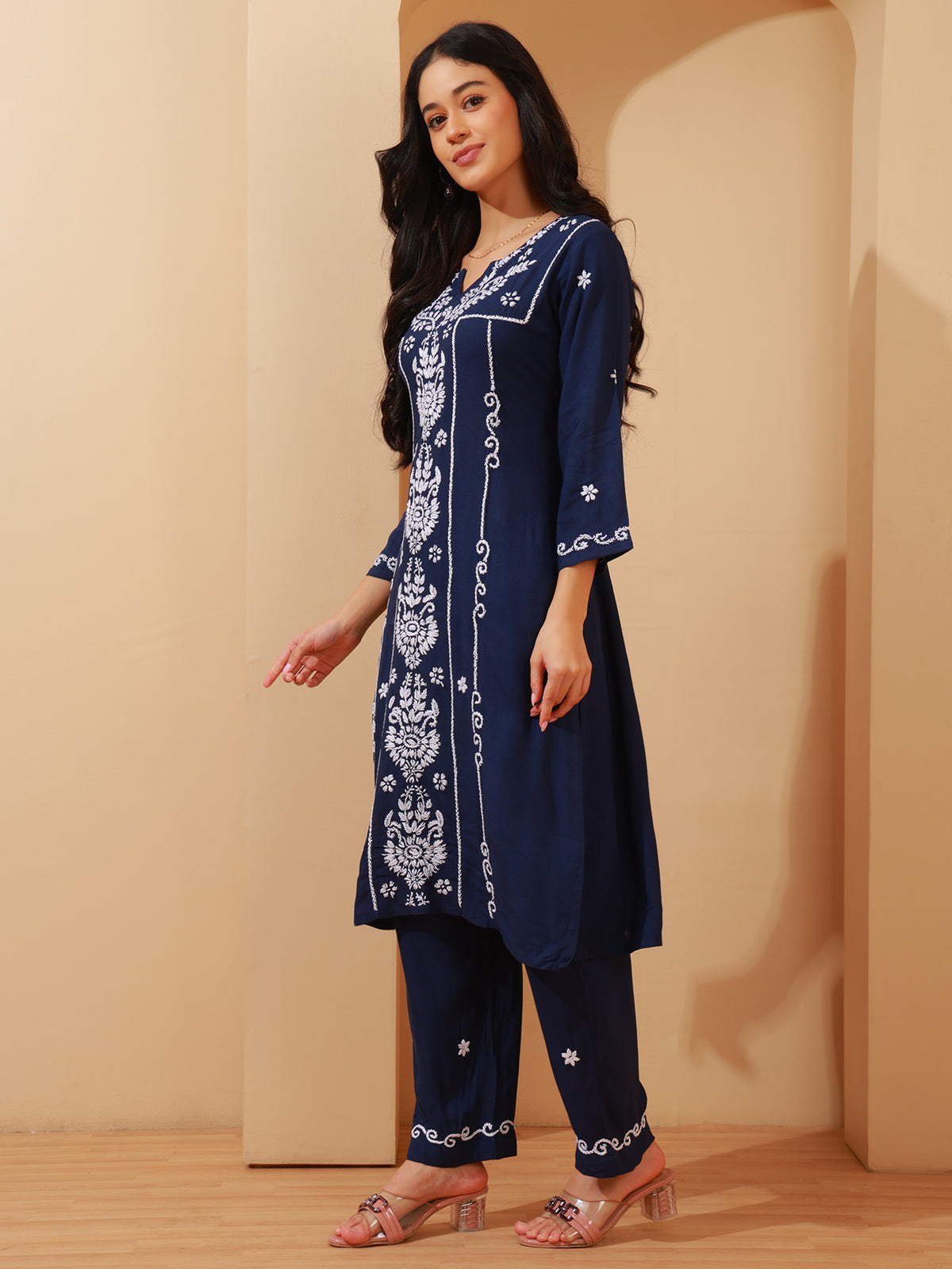Nazaira Rayon Chikankari Kurta Pant Set for Women | Navy Blue Lucknowi Hand Embroidery Long Kurti with Pant & Pockets | Handmade Ethnic Wear for Women | Modern Traditional Handwork