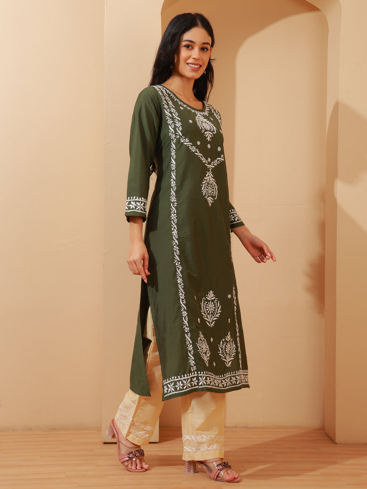 Nazaira Chanderi Chikankari Kurta Pant Set for Women | Olive Green Long Kurta with Hand Embroidery | Lucknowi Chikankari Ethnic Wear | 3/4 Sleeve Kurti Set with Pocket Pants