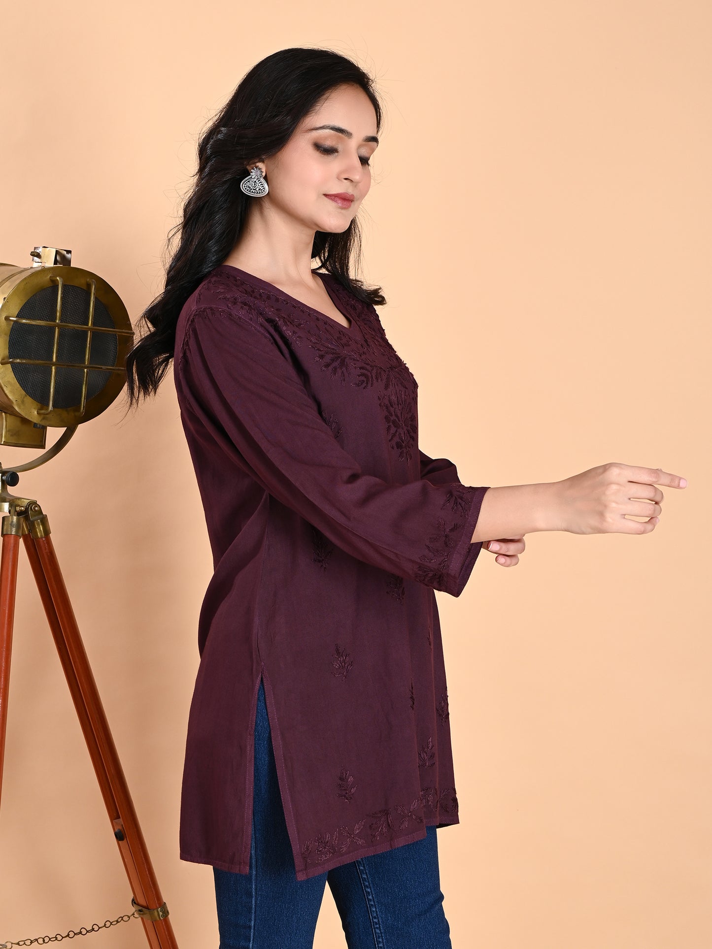 Wine Rayon Lucknowi Chikankari Short Kurti for Women with Hand Embroidery – Ethnic Daily Wear Tunic Top