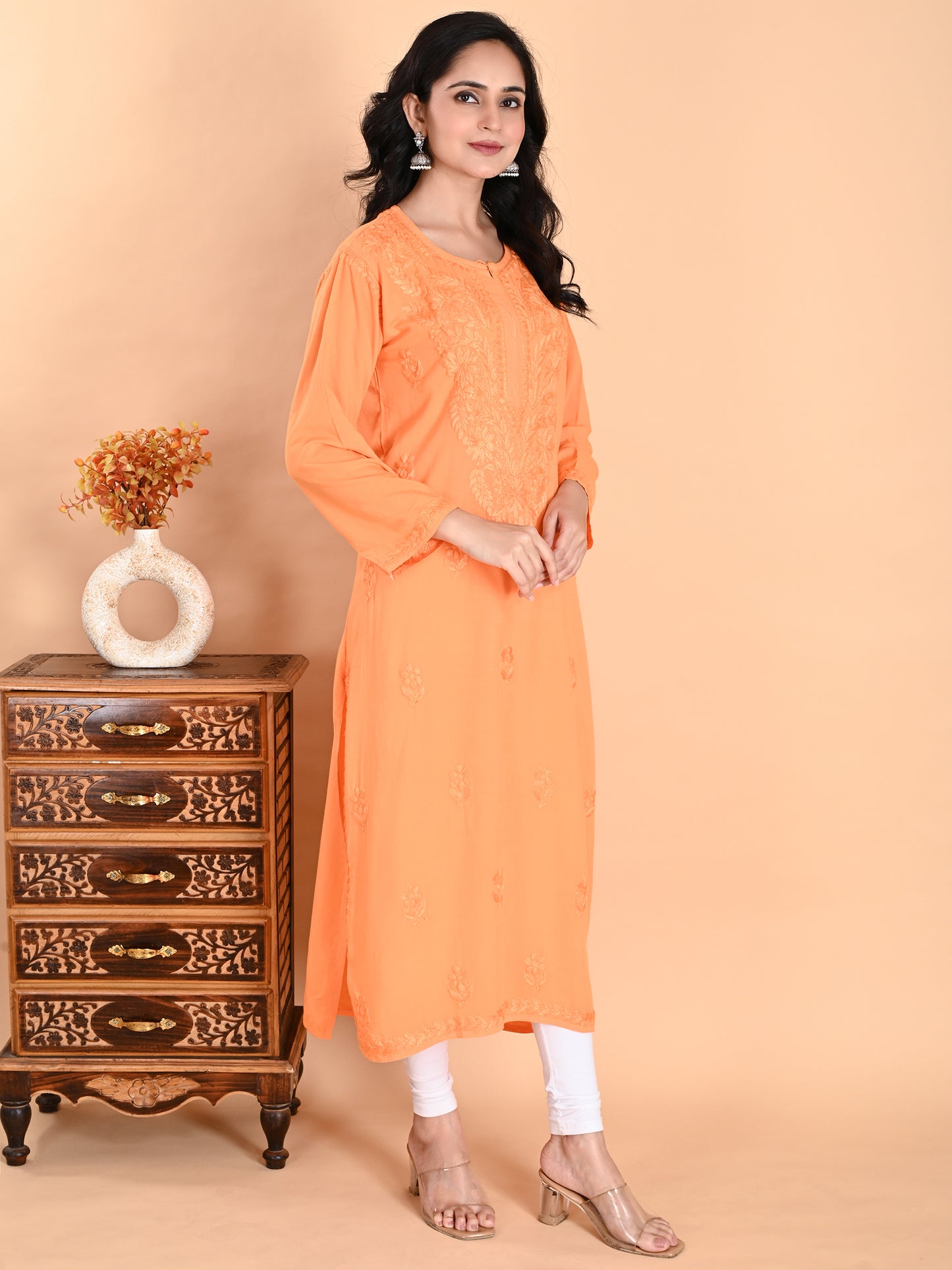 Orange Rayon Lucknowi Chikankari Long Kurta for Women with Hand Embroidery – Elegant Traditional Ethnic Wear Kurti