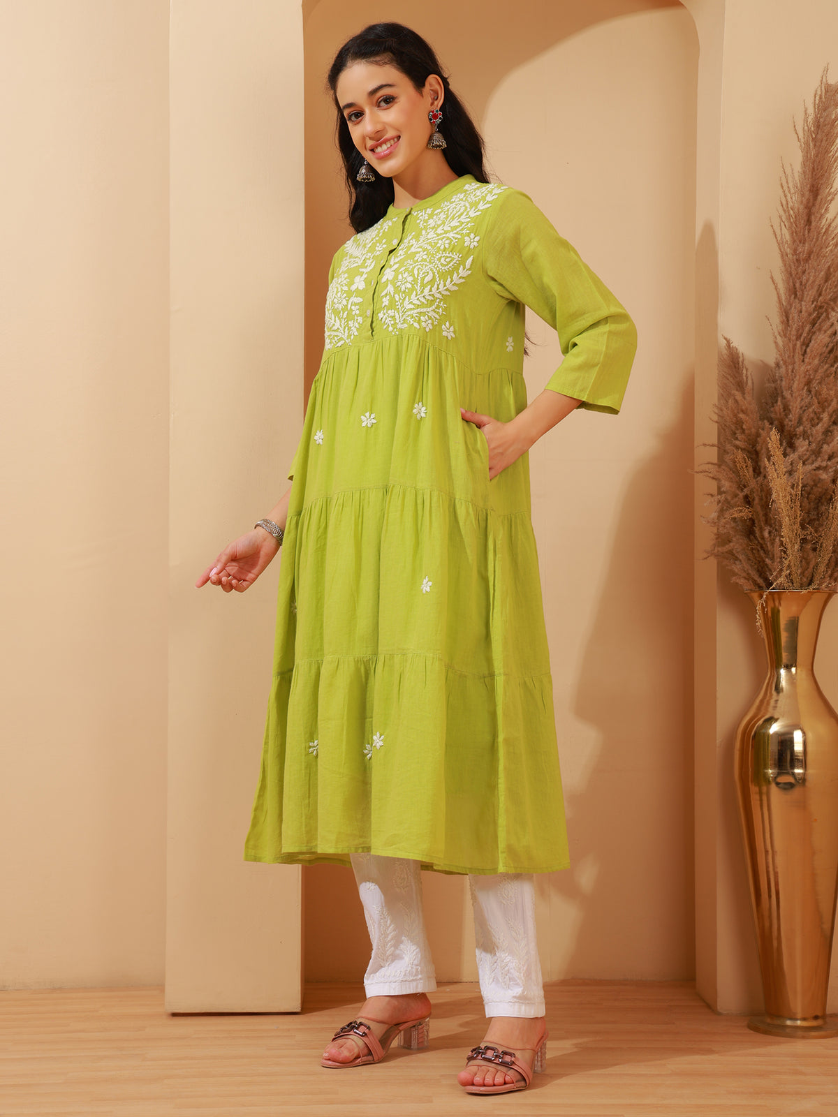 Nazaira Women’s Cotton Lucknow Chikankari Gown Style Long Kurta with Pockets | Green Hand Embroidered Ethnic Wear | Handmade Lucknowi Chikankari Kurti | Traditional Handwork