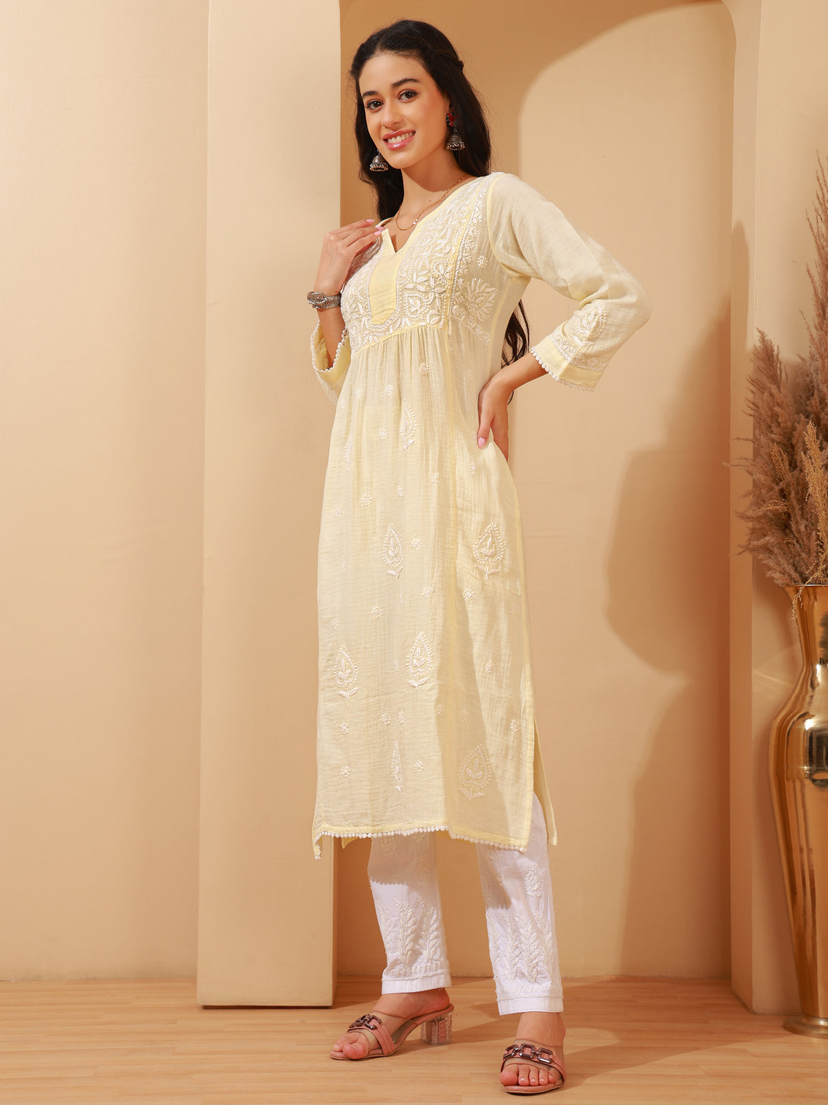 Nazaira Women's Cream Cotton Chikankari Kurta | Lucknowi Hand Embroidered Long Kurti with Pockets | Double Gauze Cotton Ethnic Wear | Modern Traditional Handwork Kurta
