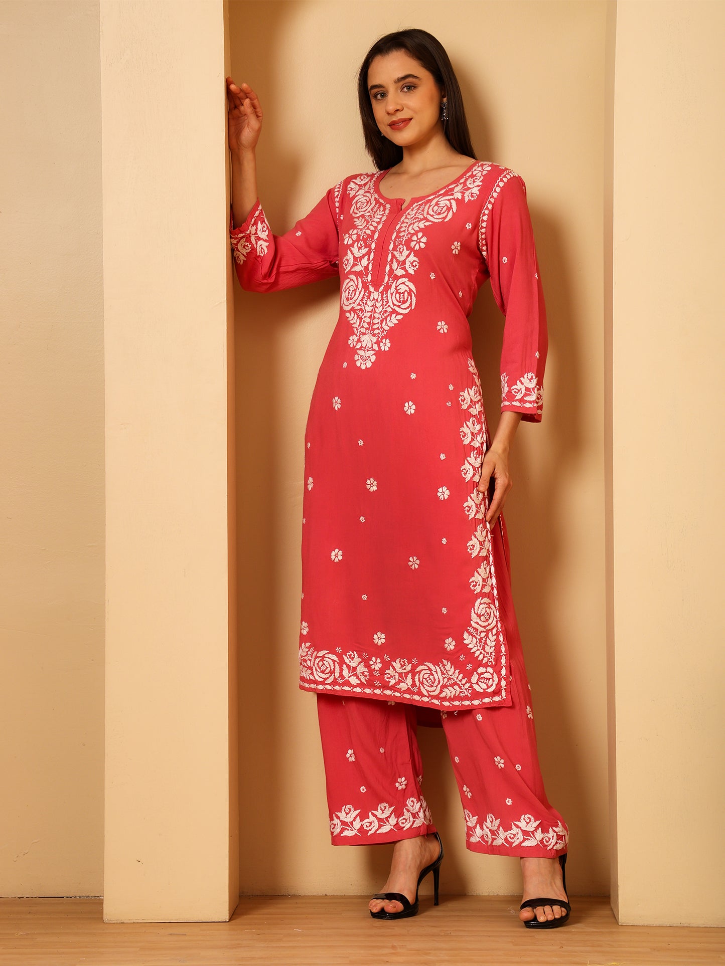 Nazaira Women’s Rayon 3D Work Lucknow Chikankari Kurta with Palazzo Set | Hand Embroidered Lucknawi Chickankari Kurti | Ethnic Wear for Women | Coral Pink |