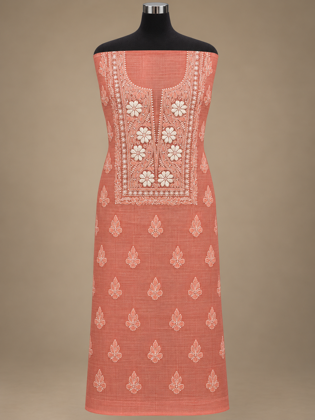 Women's Peach Kota Cotton Unstitched 2 Piece Suit Dress Material with Dupatta | Lucknowi Chikankari Hand Embroidery, Glass Gala Neck Design, All Over Work | Pooja Wedding Festive