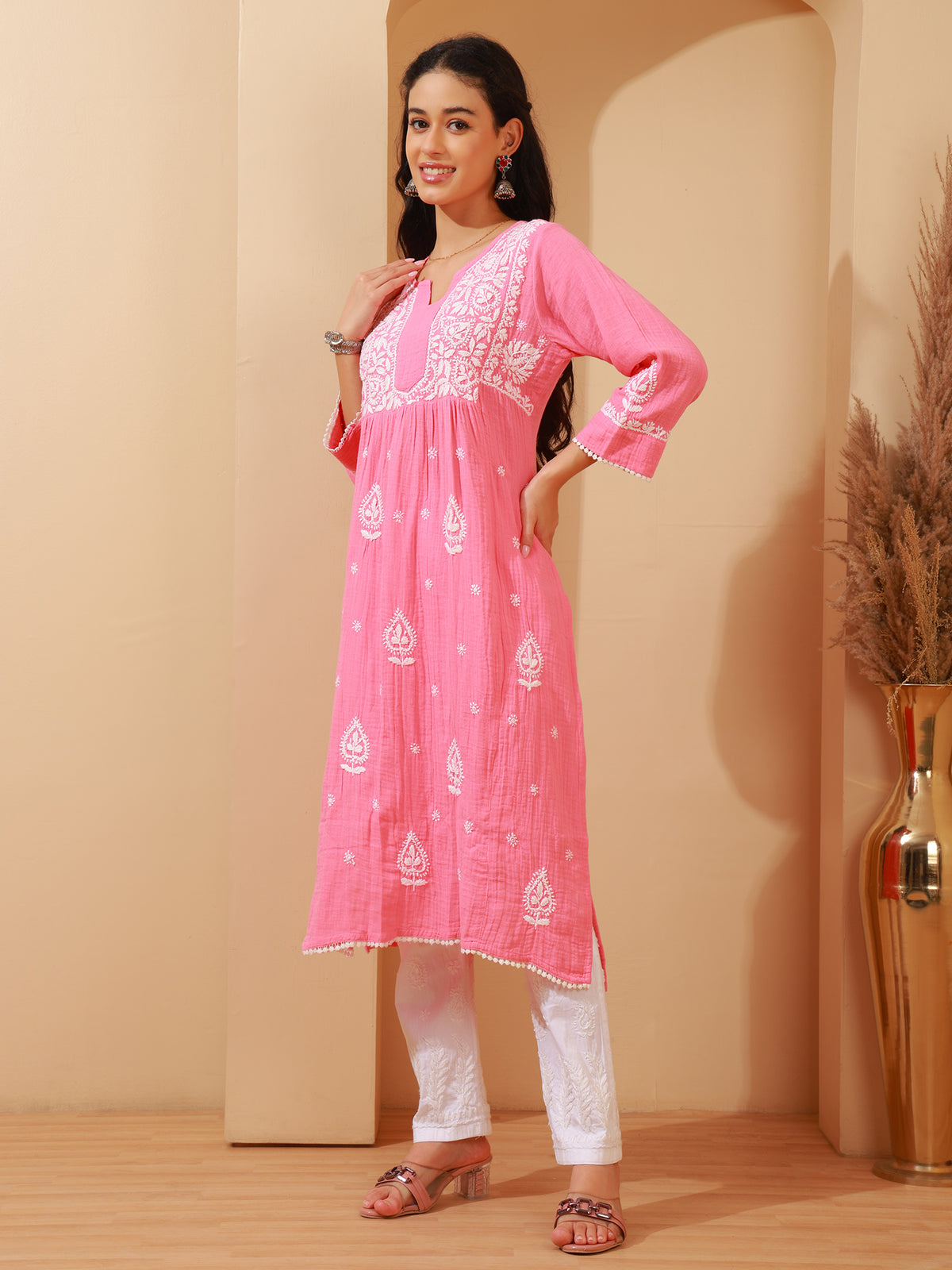Nazaira Women's Pink Cotton Chikankari Kurta | Lucknowi Hand Embroidered Long Kurti with Pockets | Double Gauze Cotton Ethnic Wear | Modern Traditional Handwork Kurta