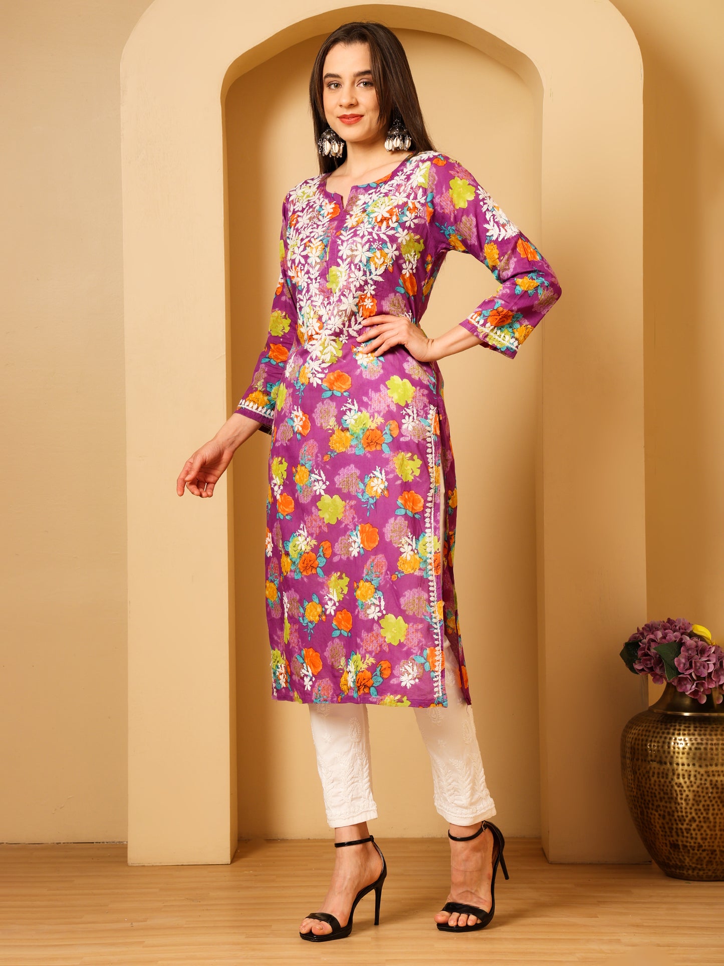 Nazaira Women’s Purple MUL Cotton Lucknowi Chikankari Long Kurti | Hand-Embroidered Floral Printed Cotton Kurta | Elegant Ethnic Wear for Women | Traditional Lucknow Chikan Work |