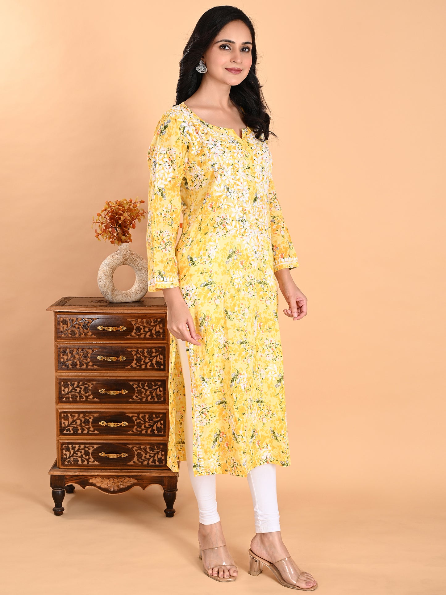 Yellow Mul Cotton Lucknowi Chikankari Floral Printed Long Kurti for Women with Hand Embroidery – Elegant Ethnic Wear Kurta