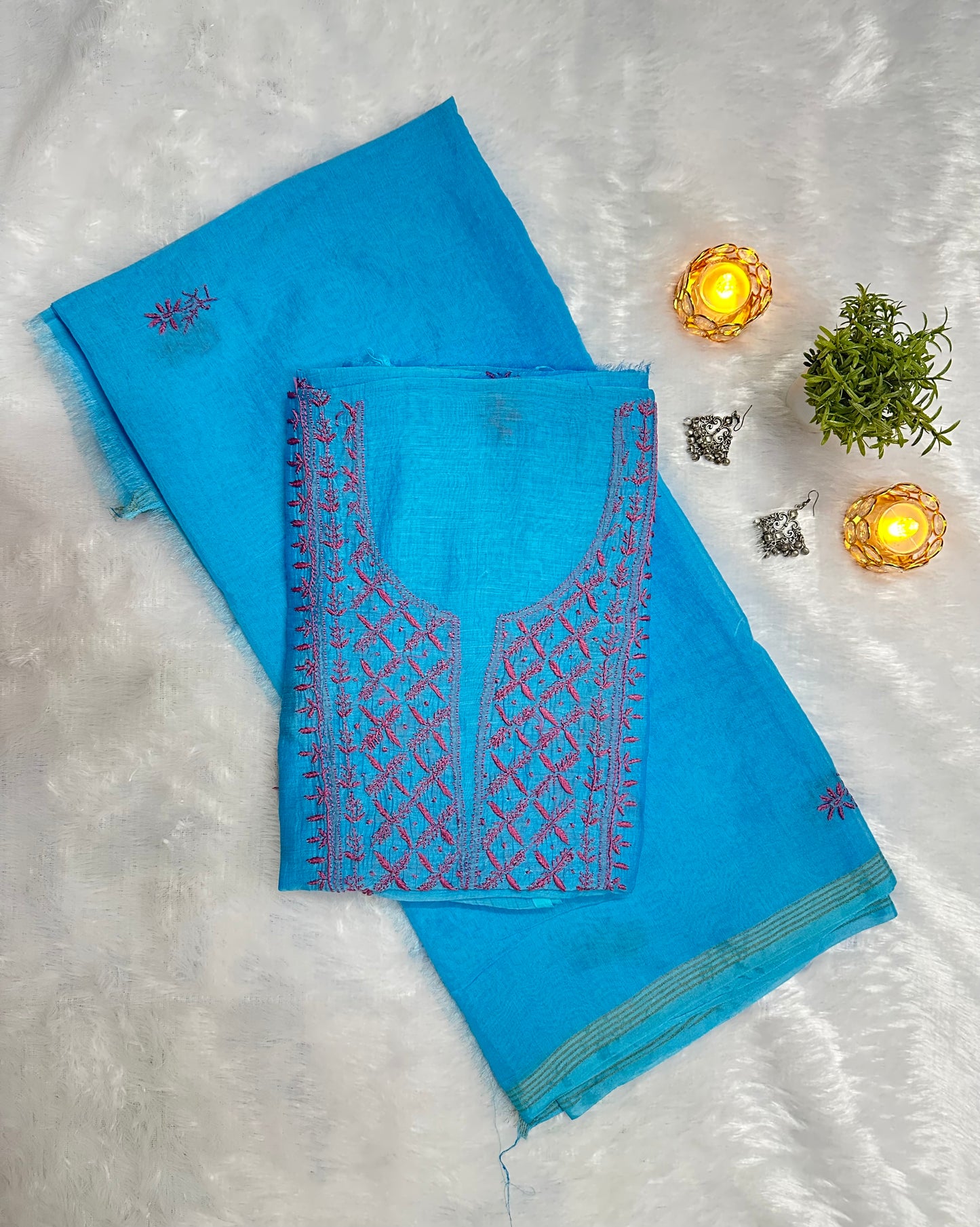 Pure Mul Chanderi Lucknowi Chikankari Unstitched Suit for Women with Dupatta – Hand Embroidered Ethnic Dress Material (2 Piece Set) - Blue