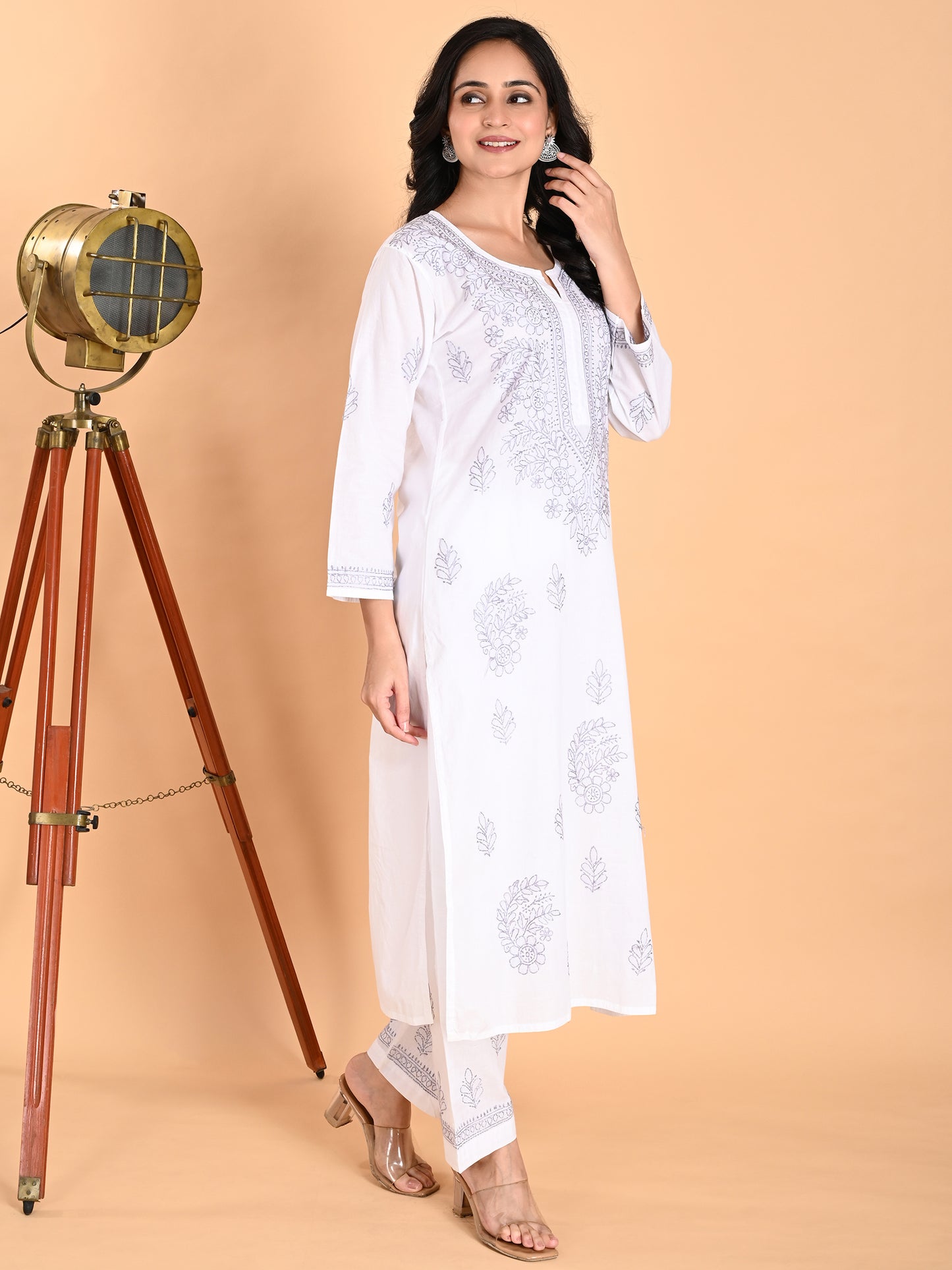 White Cotton Lucknowi Chikankari Kurta with Pajama Set for Women with Grey Thread Hand Embroidery – Ethnic Wear Suit Set
